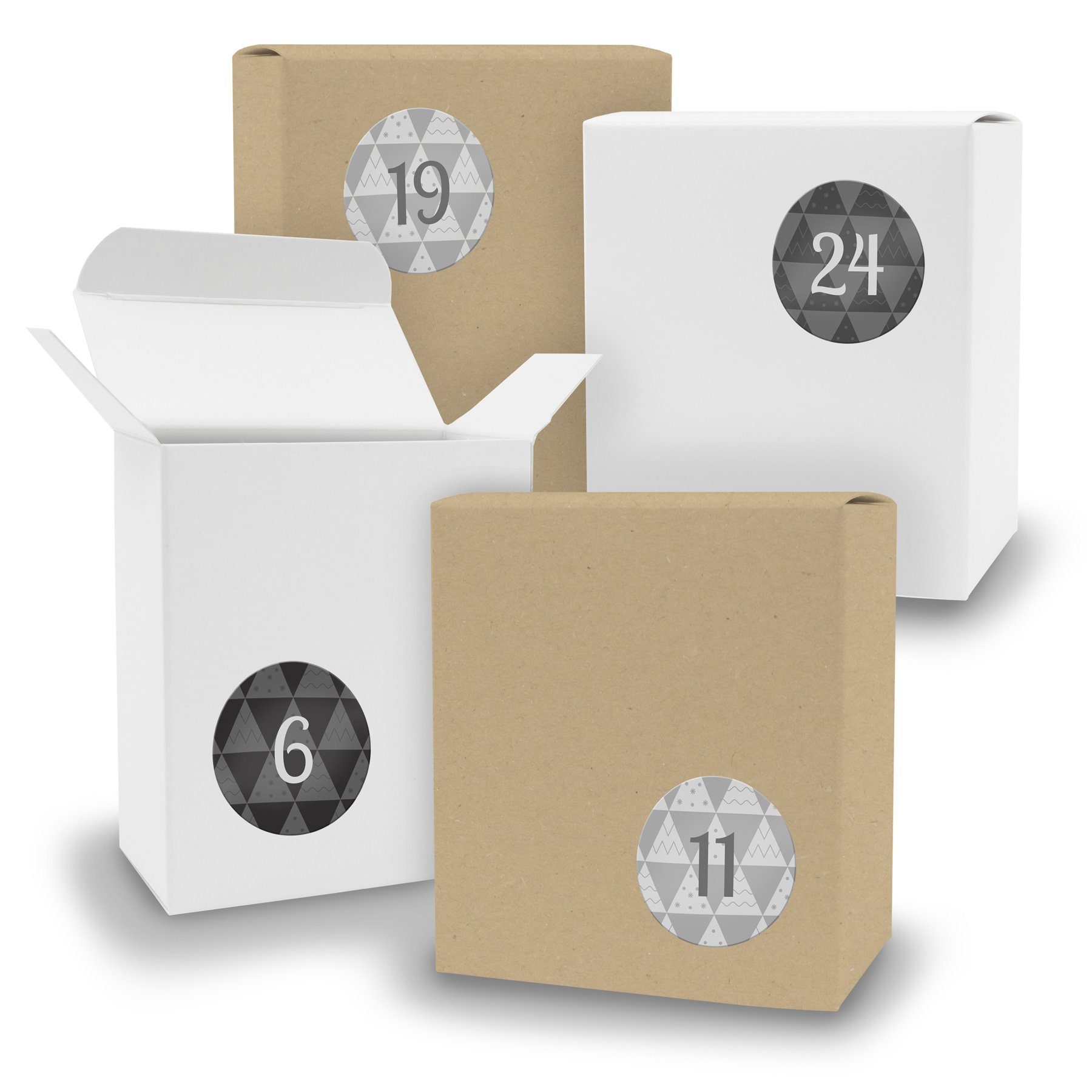 itenga befüllbarer Adventskalender Adventskalender zum Füllen 24x Quader gemischt WEISS BRAUN + Sticker V | Adventskalender zum Befüllen