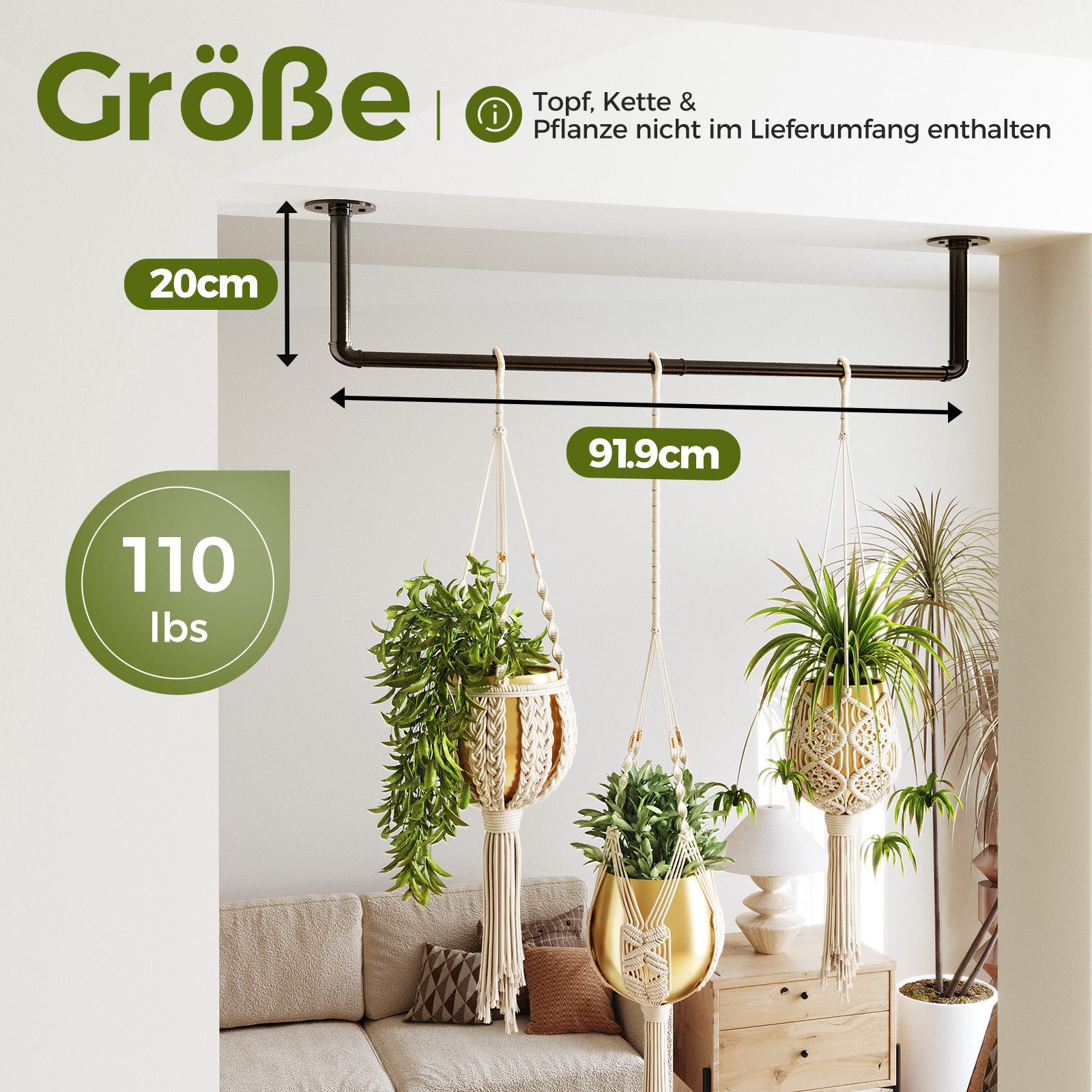 Bamworld Blumenampel Hängepflanzer Innen Metall Schwarz, 92x20cm (1 St), für Fenster Decke Wand Wohnzimmer Küche Schlafzimmer