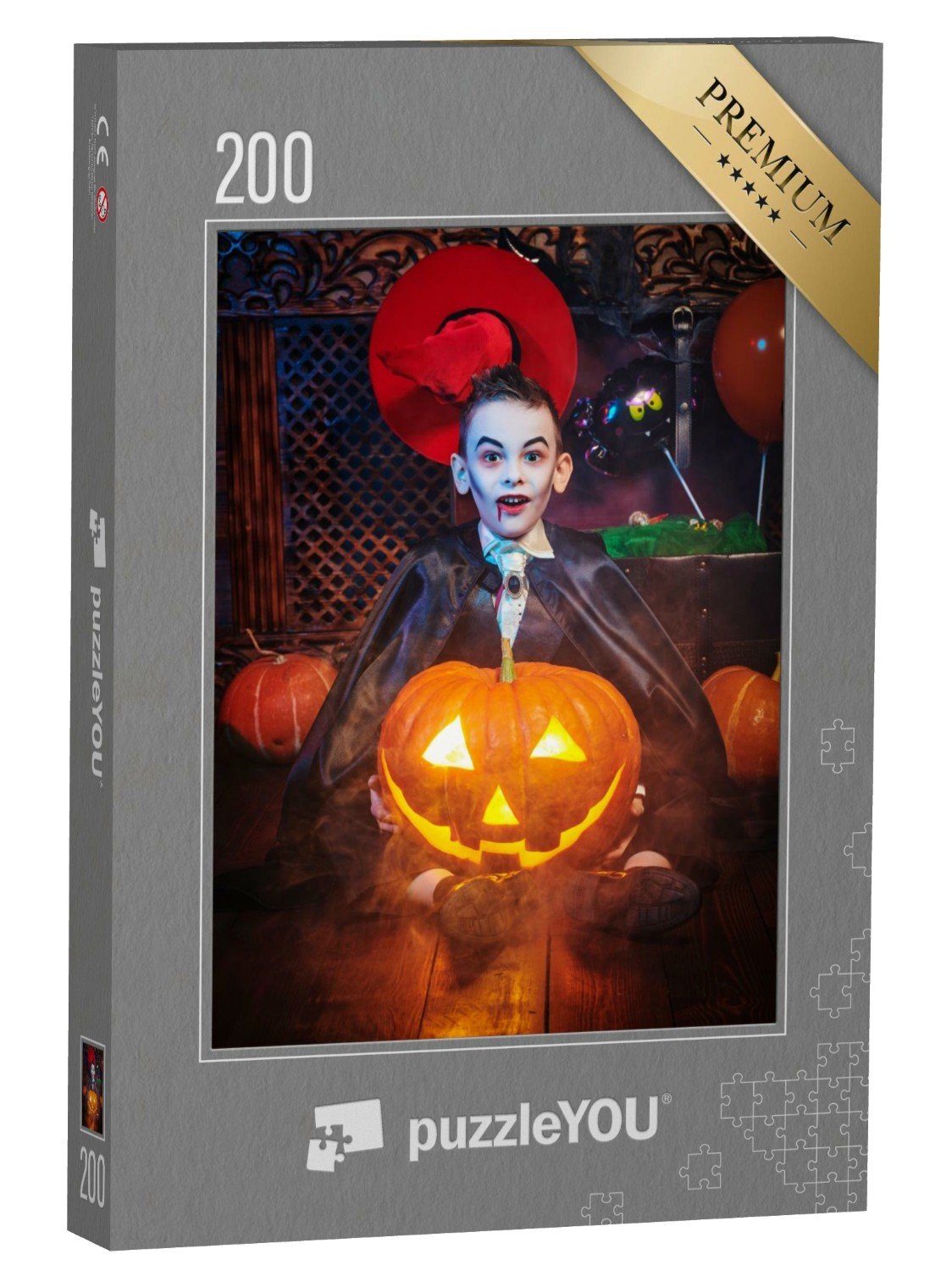 puzzleYOU Puzzle Junge in Vampir-Kostüm mit leuchtendem Kürbis, 200 Puzzleteile, puzzleYOU-Kollektionen Vampire