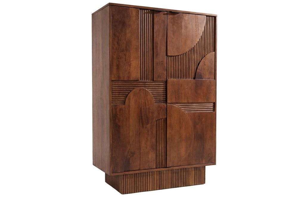 riess-ambiente Barschrank ART DECO 140cm braun - Massivholz, 3D-Front, 24 Flaschen (Einzelartikel, 1-St) mit Schubladen & Gläserhalter – ideal für Esszimmer & Wohnzimmer