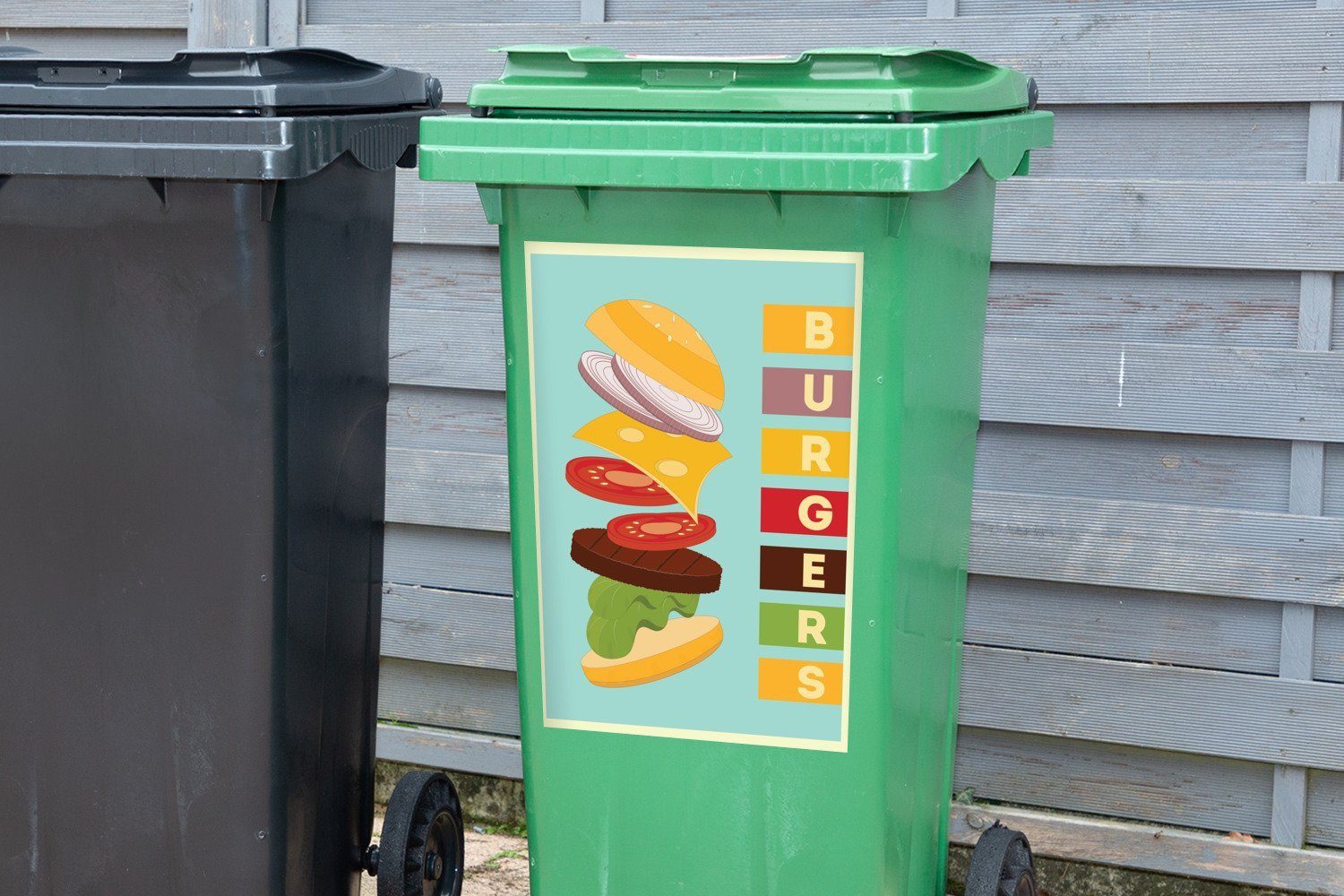 Abfalbehälter - St), - Wandsticker Sticker, Mülleimer-aufkleber, Mannshöhle MuchoWow Container, Mülltonne, Fastfood - Burger - Blau (1 Vintage