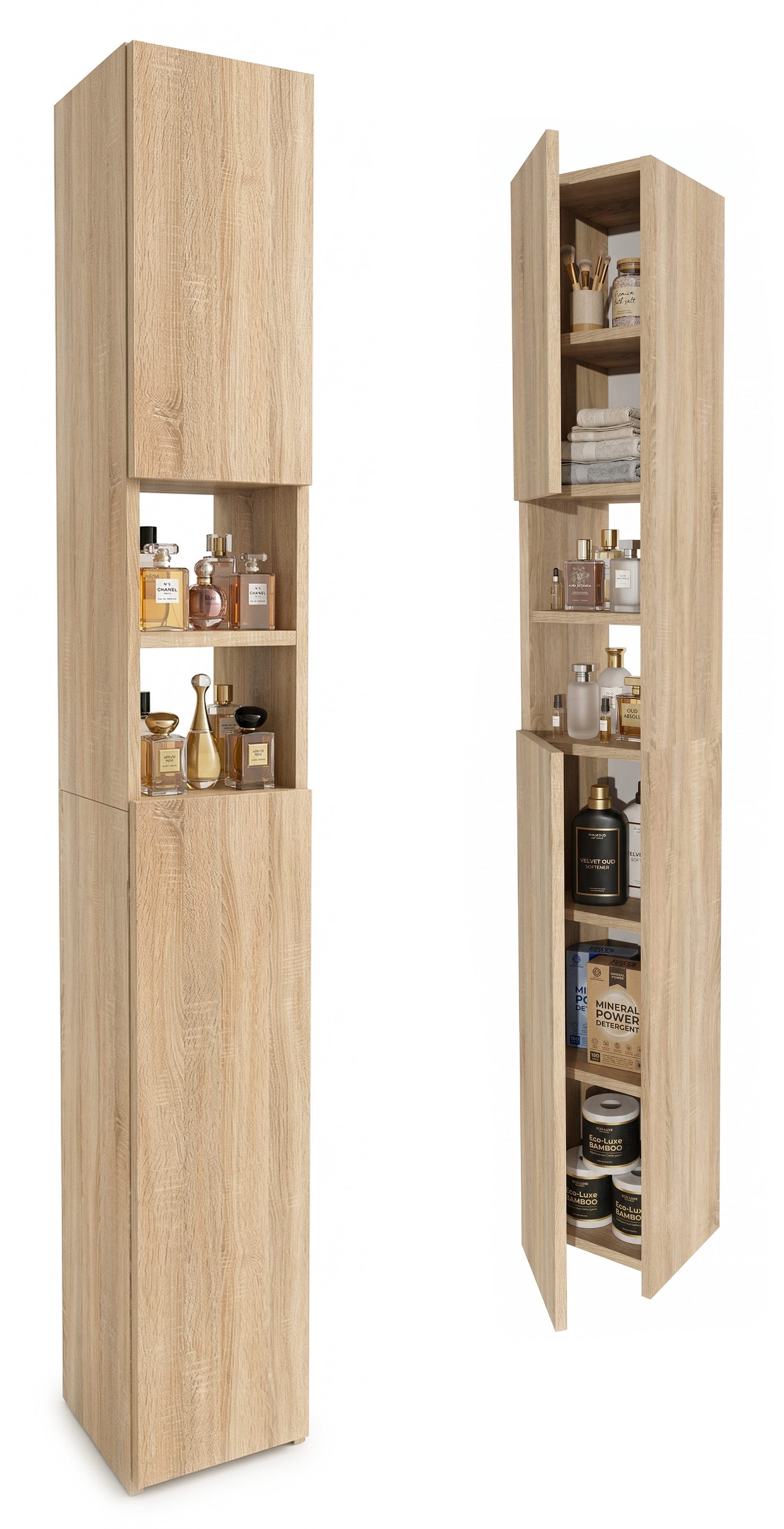 TREND WERK Hochschrank Badschrank schmal stehend B24 x T31 x H172 cm (Schmaler Badezimmerschrank mit Regalfächern & Stauraum) Holzoptik, offene & geschlossene Fächer, Standregal Bad, platzsparend