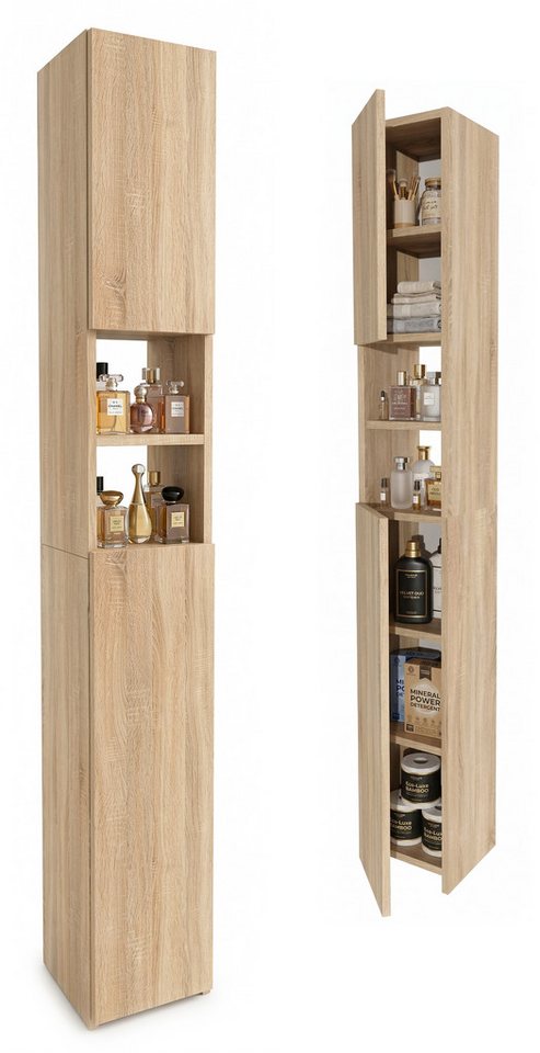 TREND WERK Hochschrank Badschrank schmal stehend B24 x T31 x H172 cm (Schmaler Badezimmerschrank mit Regalfächern & Stauraum) Holzoptik, offene & geschlossene Fächer, Standregal Bad, platzsparend