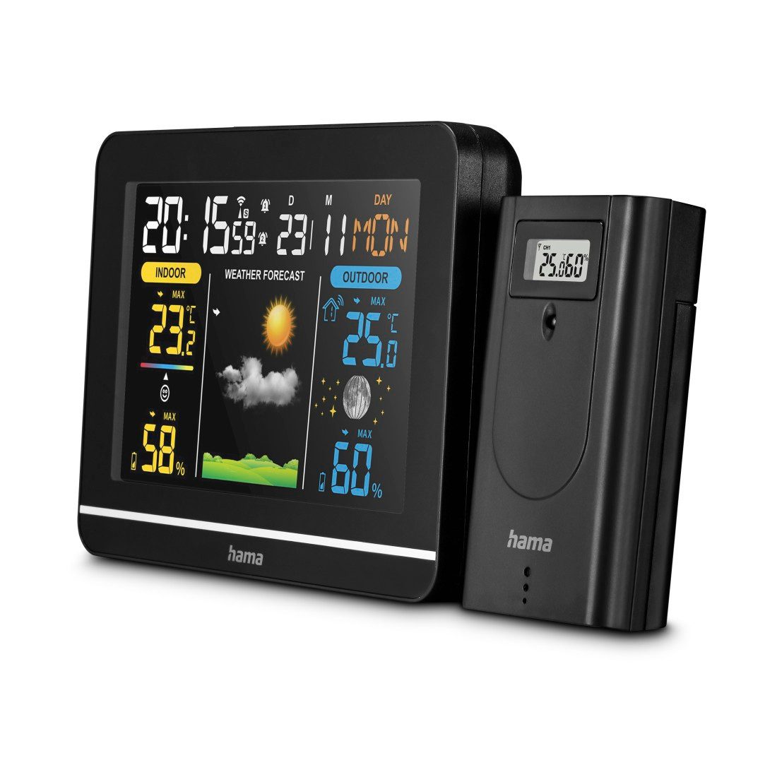 Hama Wetterstation mit Farbdisplay, Außensensor, Wetter, Alarm, Temparatur Wetterstation (Weckerfunktion, Schlummerfunktion, Mondphasenanzeige)