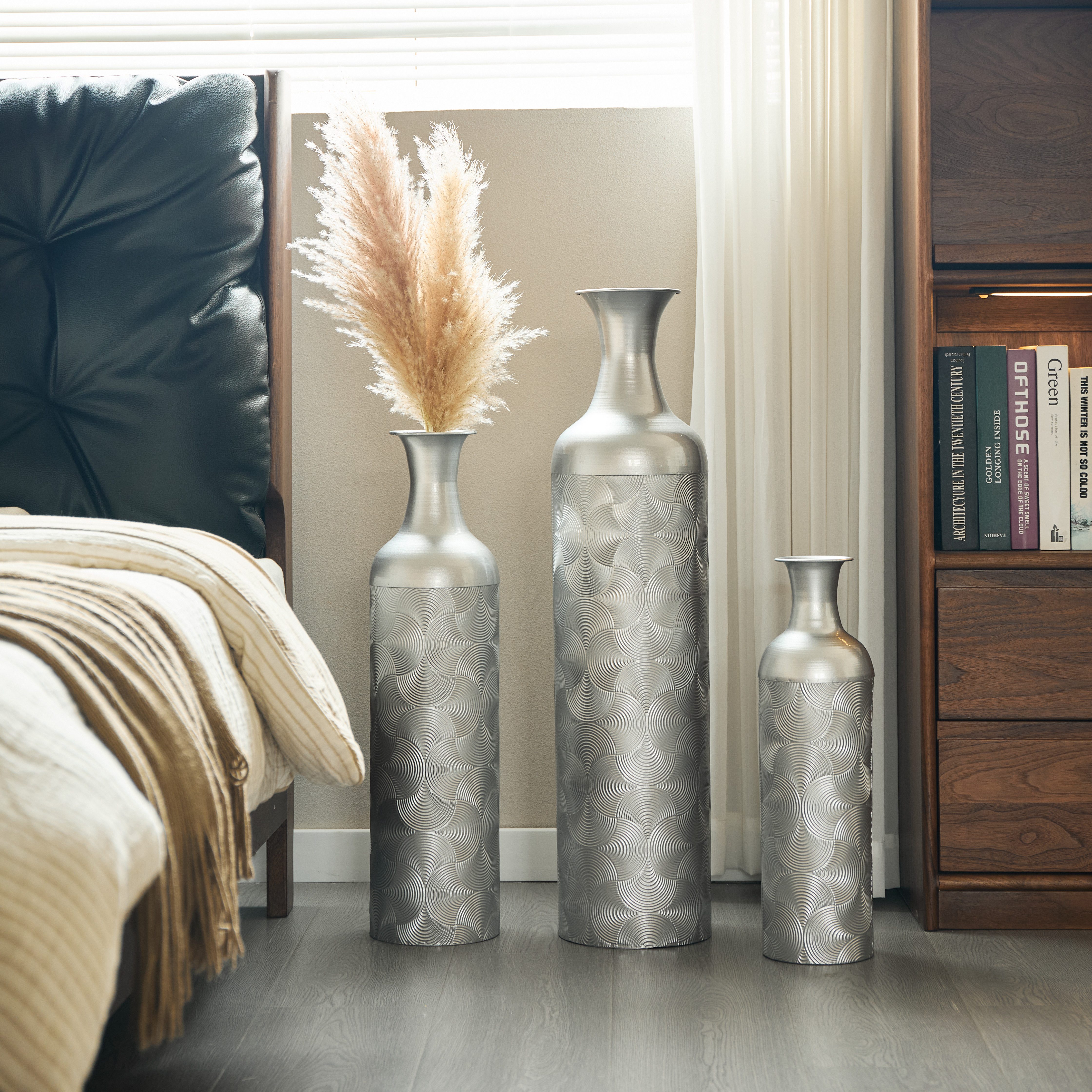 HAUSS SPOLE Bodenvase 3-tlg Metallvasen Dekovasen mit Wellenmuster,Standvasen in Silber (Geeignet für Wohnzimmer, Flure und Hotels)