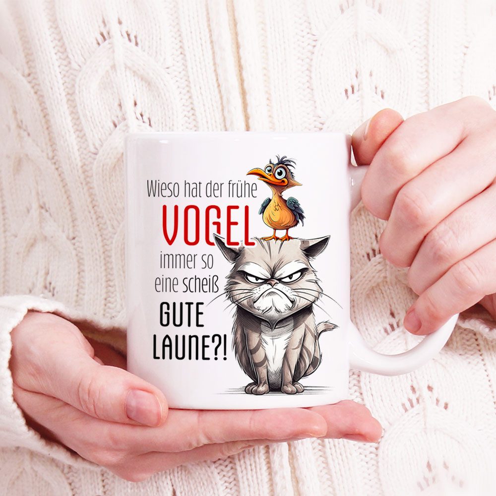Cadouri Tasse mit Spruch DER FRÜHE VOGEL Kaffeetasse Büro Arbeit, Geschenk, Keramik, Kaffeebecher, Geschenkidee Arbeitskollege, lustig, Humor, 330 ml