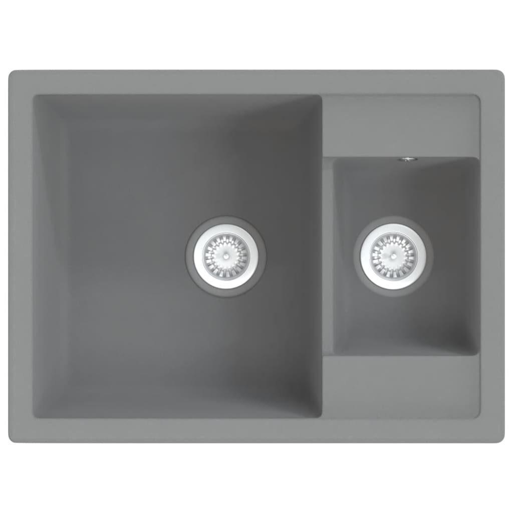 vidaXL Granitspüle Küchenspüle mit Überlauf Doppelbecken Grau Granit, 44/58 cm