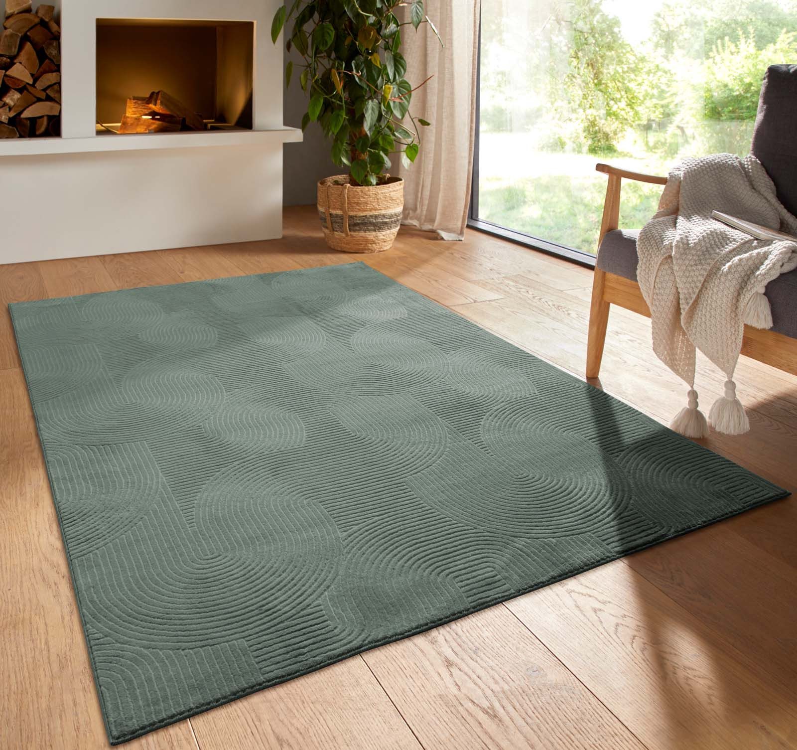 TaCa Home Teppich Kurzflor Teppich Hasenfell Optik, rund, Höhe: 10 mm, Wohnzimmer, Esszimmer, Wellen Hellgrün - 120 x 120 cm rund