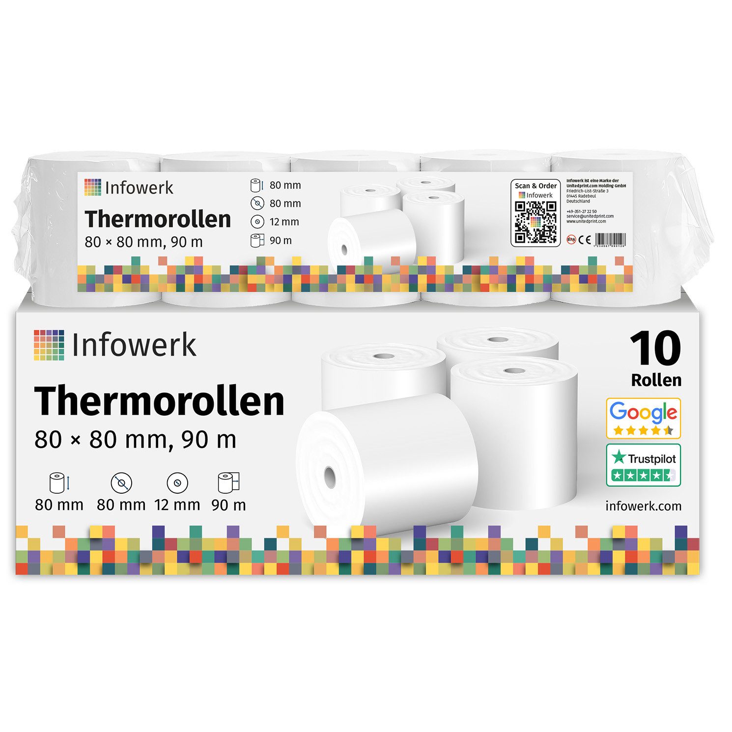Infowerk Endlospapier Thermorollen, 80 x 80 x 12mm, 90m, PEFC, Für EPSON, IBM, u.v.m., PEFC-Zertifikat (GFA-PEFC-COC-500582)