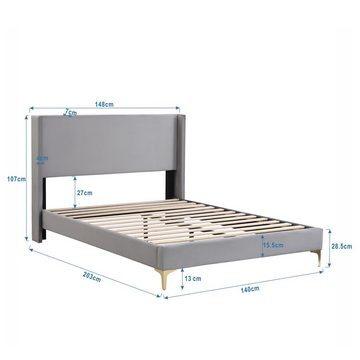 Fangqi Polsterbett 140x200cm/180x200cm,Bett mit Lattenrost, gepolstertes Kopfteil, hohes Kopfteil, Samt, grau, Hocker mit Aufbewahrungsfunktion