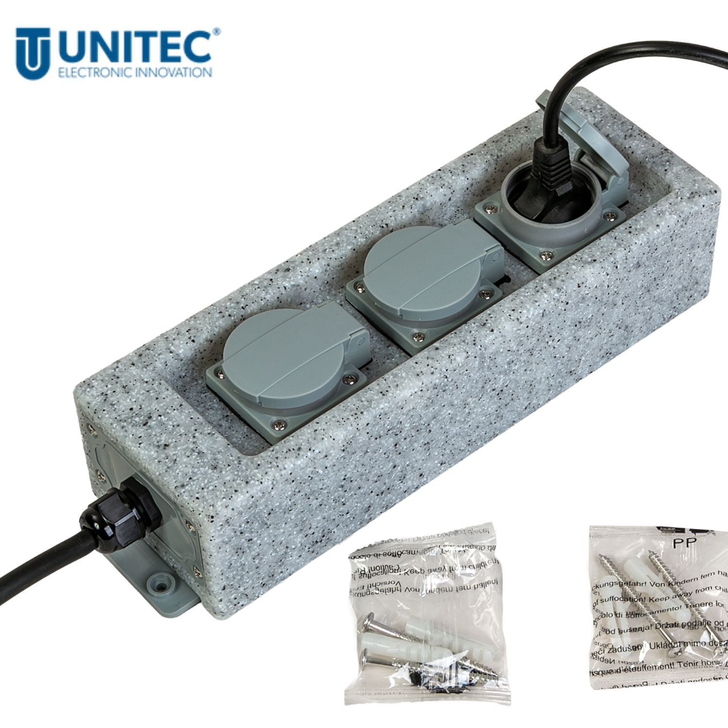 UNITEC Gartensteckdose Steckdosenleiste IP44 Outdoor 3-Fach Stein-Optik, Mehrfachsteckdose Wandsteckdose Außensteckdose Garten-Steckdose