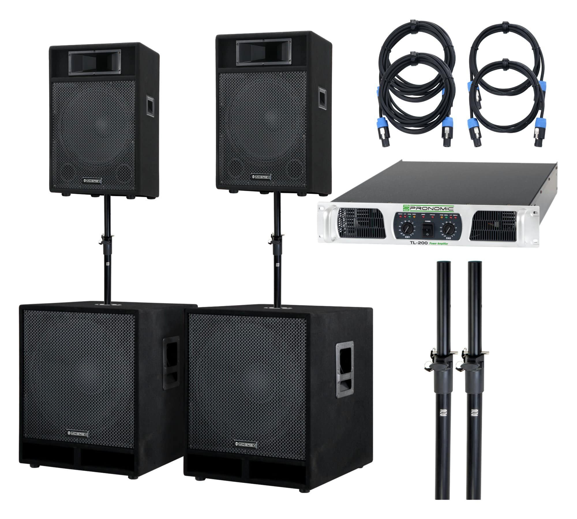 McGrey Powerstage-2800 PA Komplett-Anlage 2x 10'' Boxen und 2x 15'' Subwoofer Party-Lautsprecher (N/A, 700 W, Party Lautsprecher Set inkl. Endstufe)