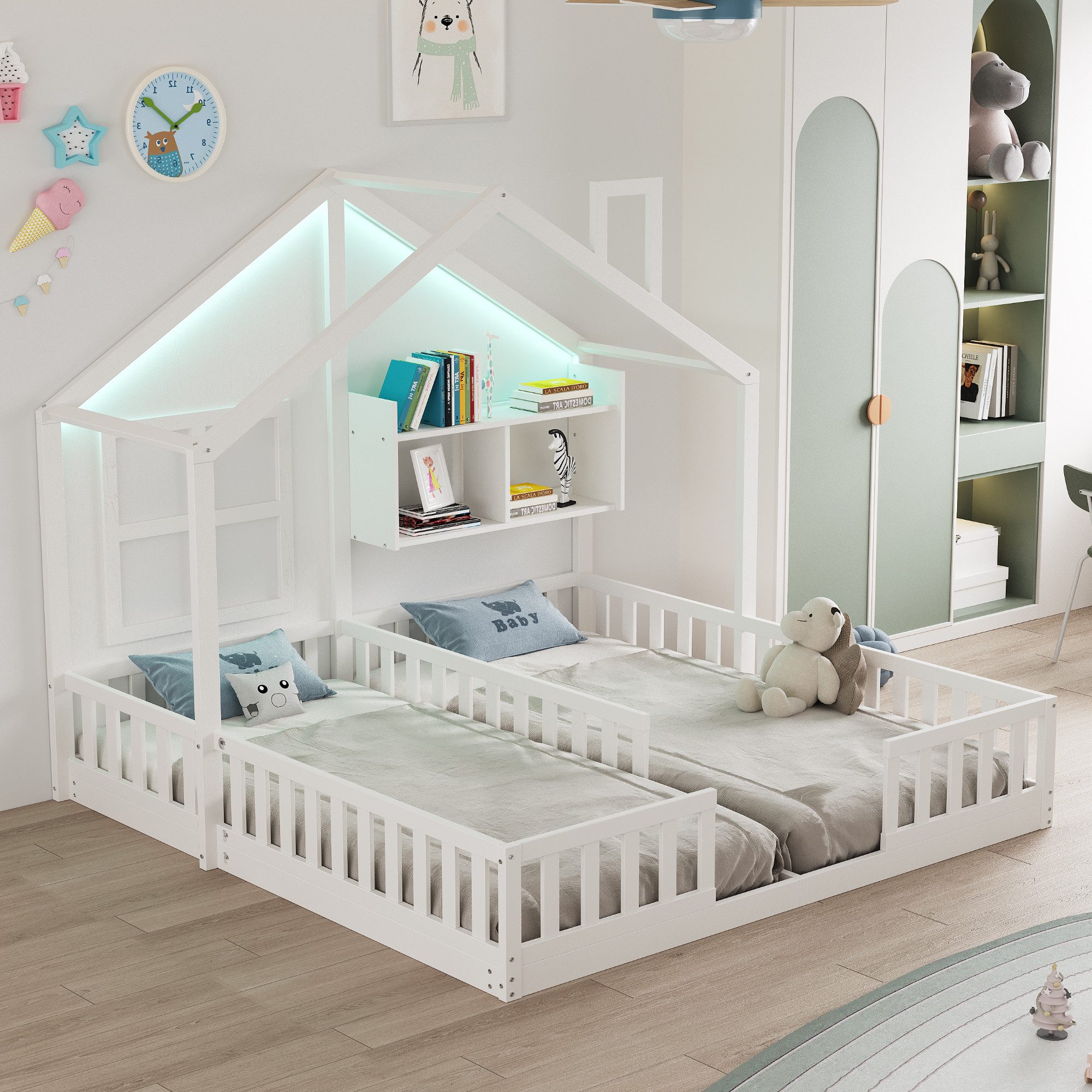 Flieks Kinderbett, Hausbett Freistehendes Doppelbett 90×200cm*2 mit Fenstern Schornstein