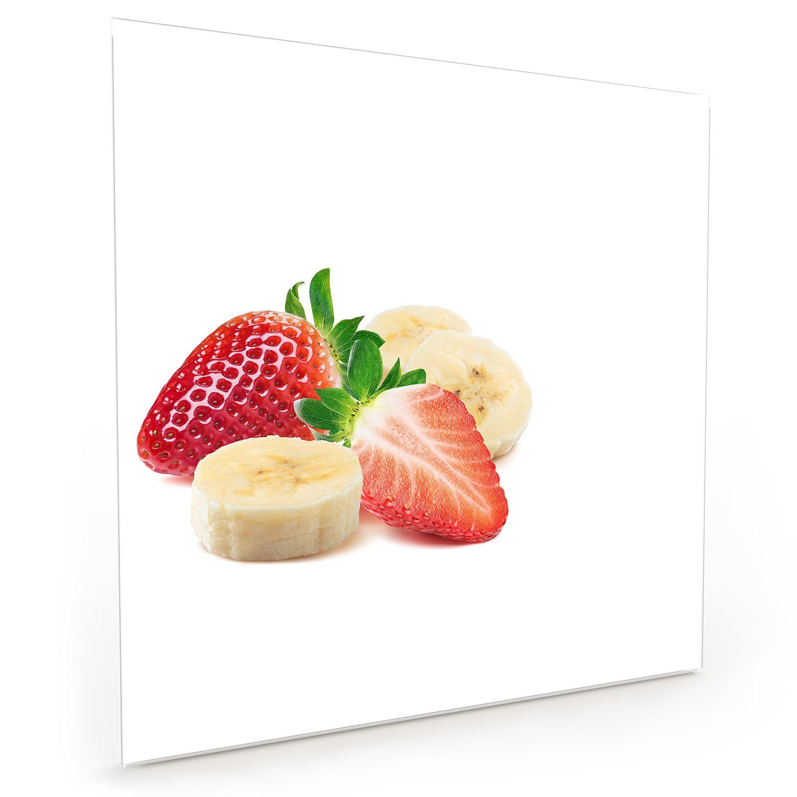 Bananenstücke und Spritzschutz Erdbeeren Glas Primedeco Küchenrückwand