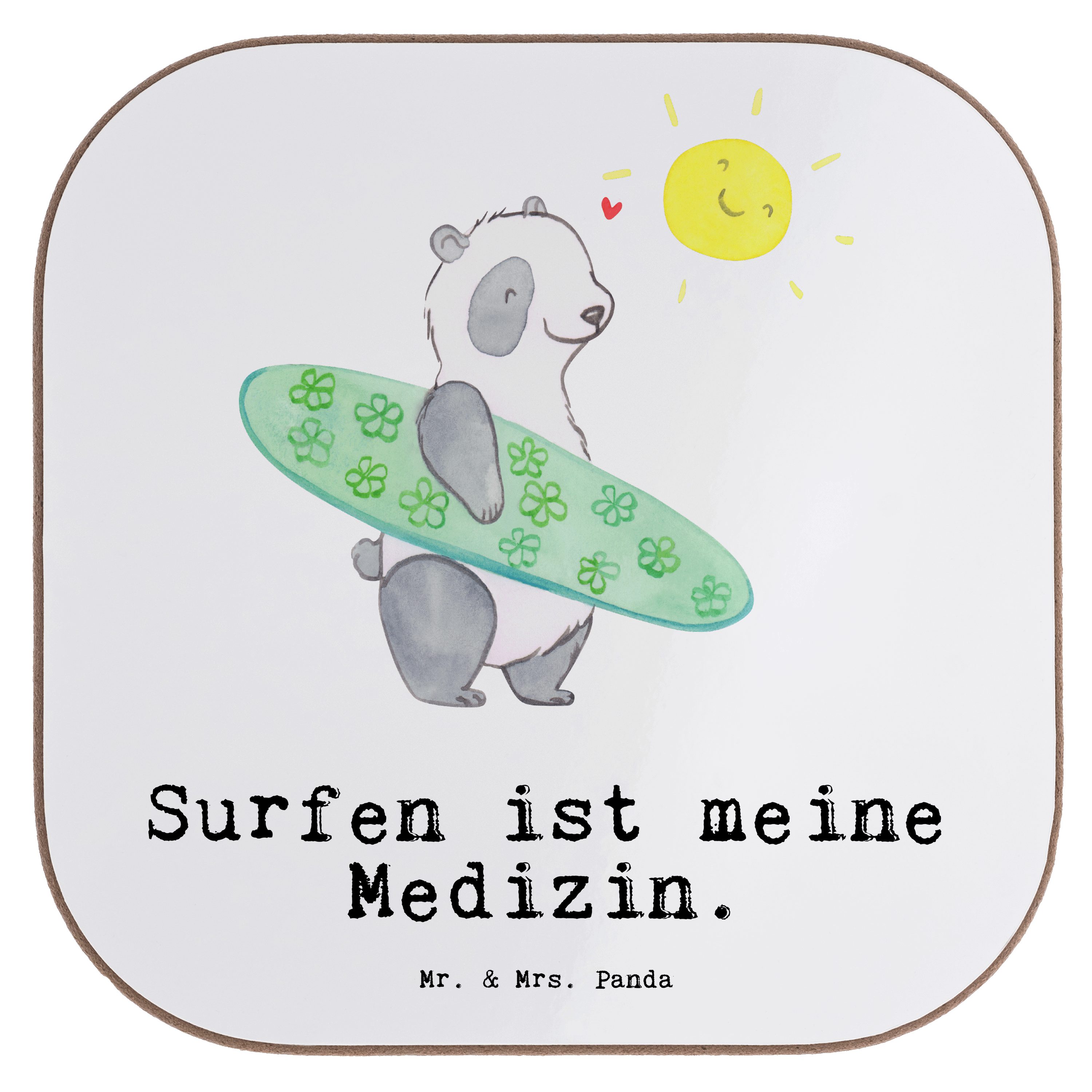 Mr. & Mrs. Panda Getränkeuntersetzer Panda Surfen Medizin - Weiß - Geschenk, Surfschule, Bierdeckel, Geträ, 1-tlg.