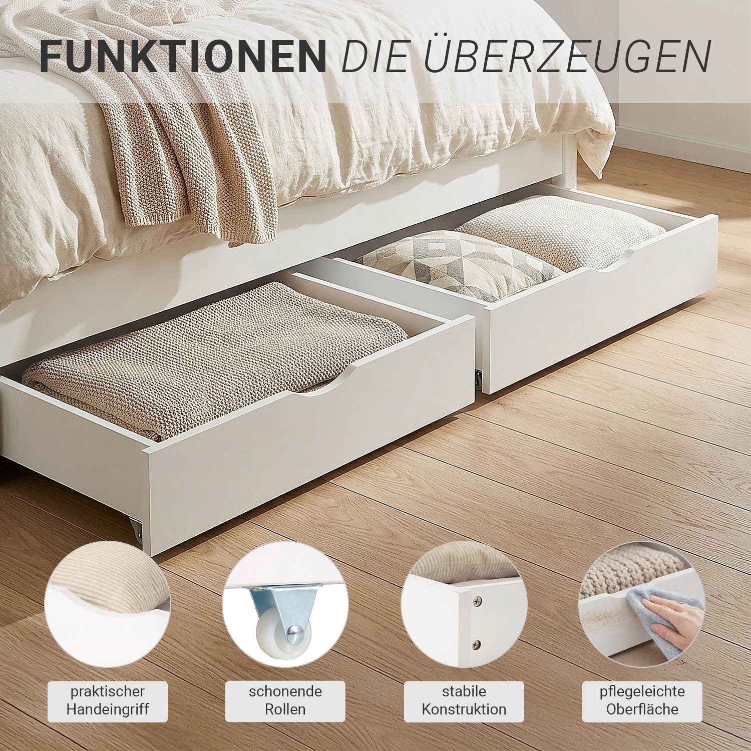 Homestyle4u Bettschubkasten 2x Bettkasten 83x63,5x16 Holz Aufbewahrung Schublade Weiß auf Rollen (Set, 2er Set), B/H/T 83x16x63 cm, Stauraum