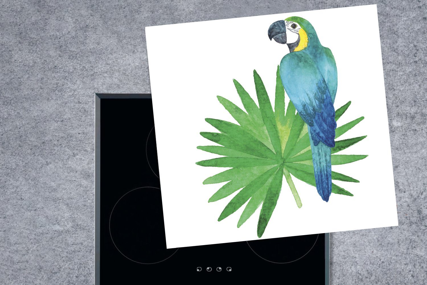 auf küche einem Blatt, Papageis MuchoWow (1 78x78 cm, tlg), Vinyl, Arbeitsplatte für Herdblende-/Abdeckplatte Eine blauen Illustration eines Ceranfeldabdeckung,
