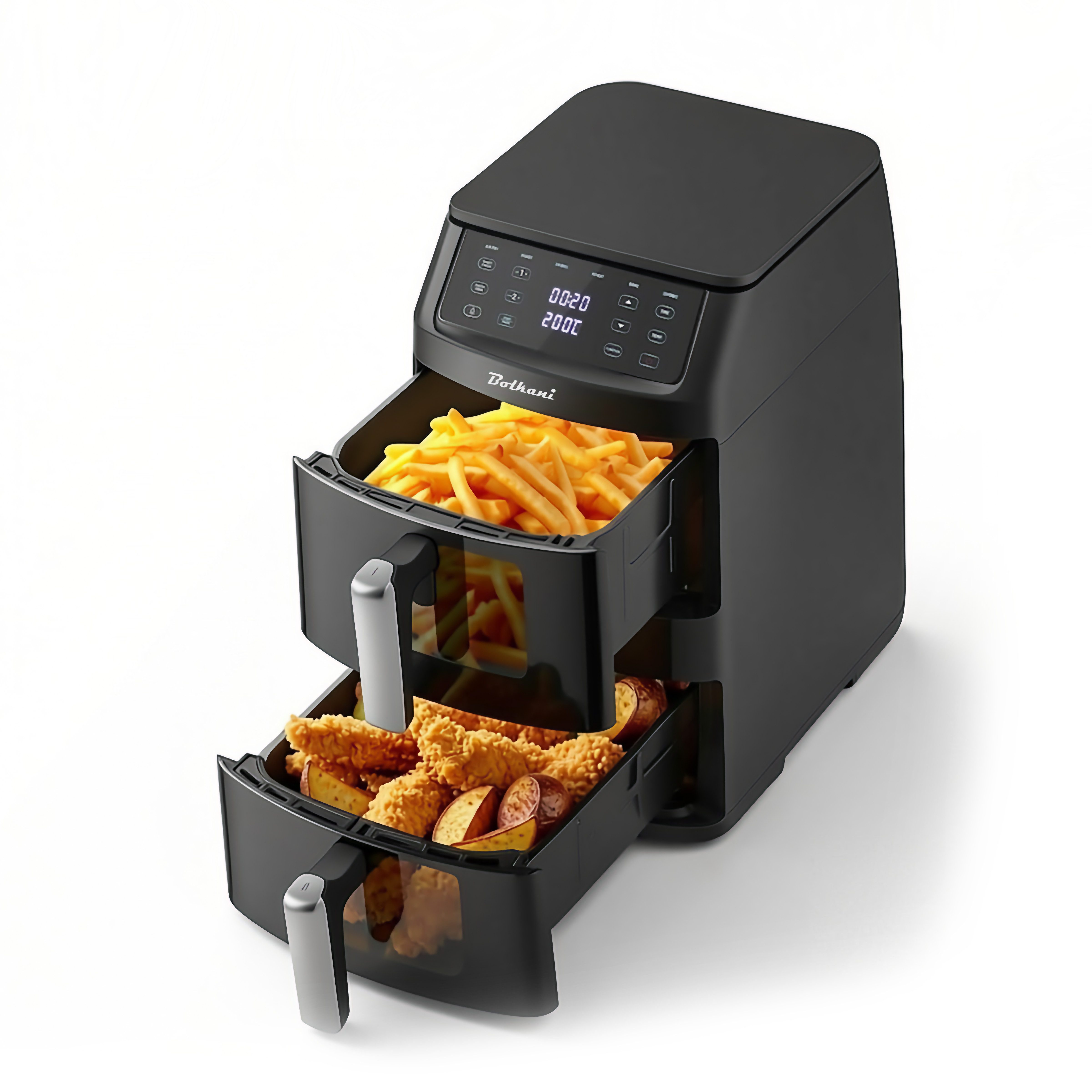 Bolkani Heißluftfritteuse AF1102T, 2500 W, Doppelkammer mit 11 L Volumen und Sichtfenster