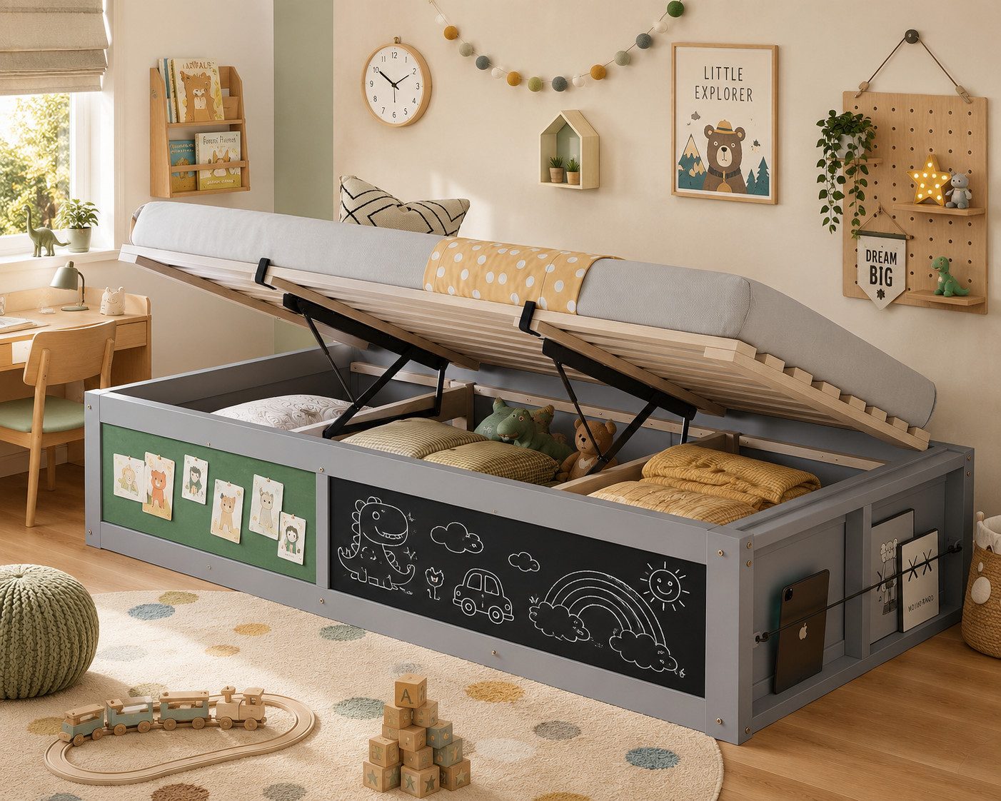 Merax Kinderbett 90×200cm mit hydraulischem Stauraum (1-tlg), Einzelbett mit Kreativtafel und Bücherregal, Jugendbett in Weiß/Grau