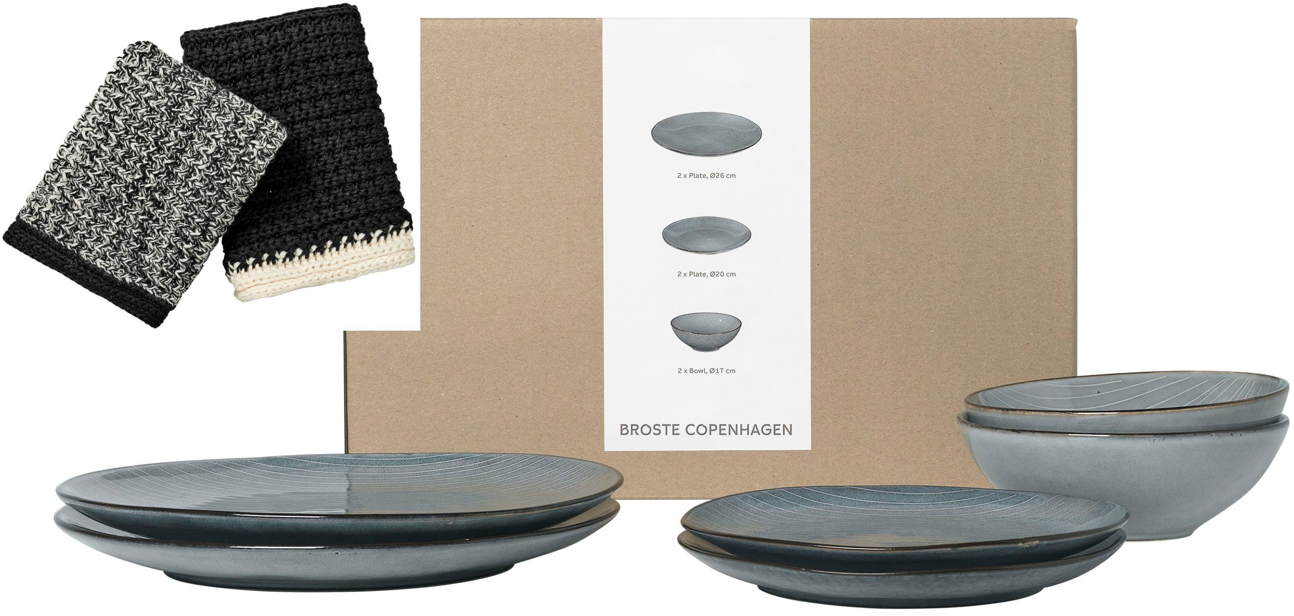 Broste Copenhagen Geschirr-Set Nordic Sea, inklusive Spültuch Set aus 100% Baumwolle (7-tlg), 2 Personen, Keramik, Beliebte Geschirr Sets Exclusiv mit Geschenk