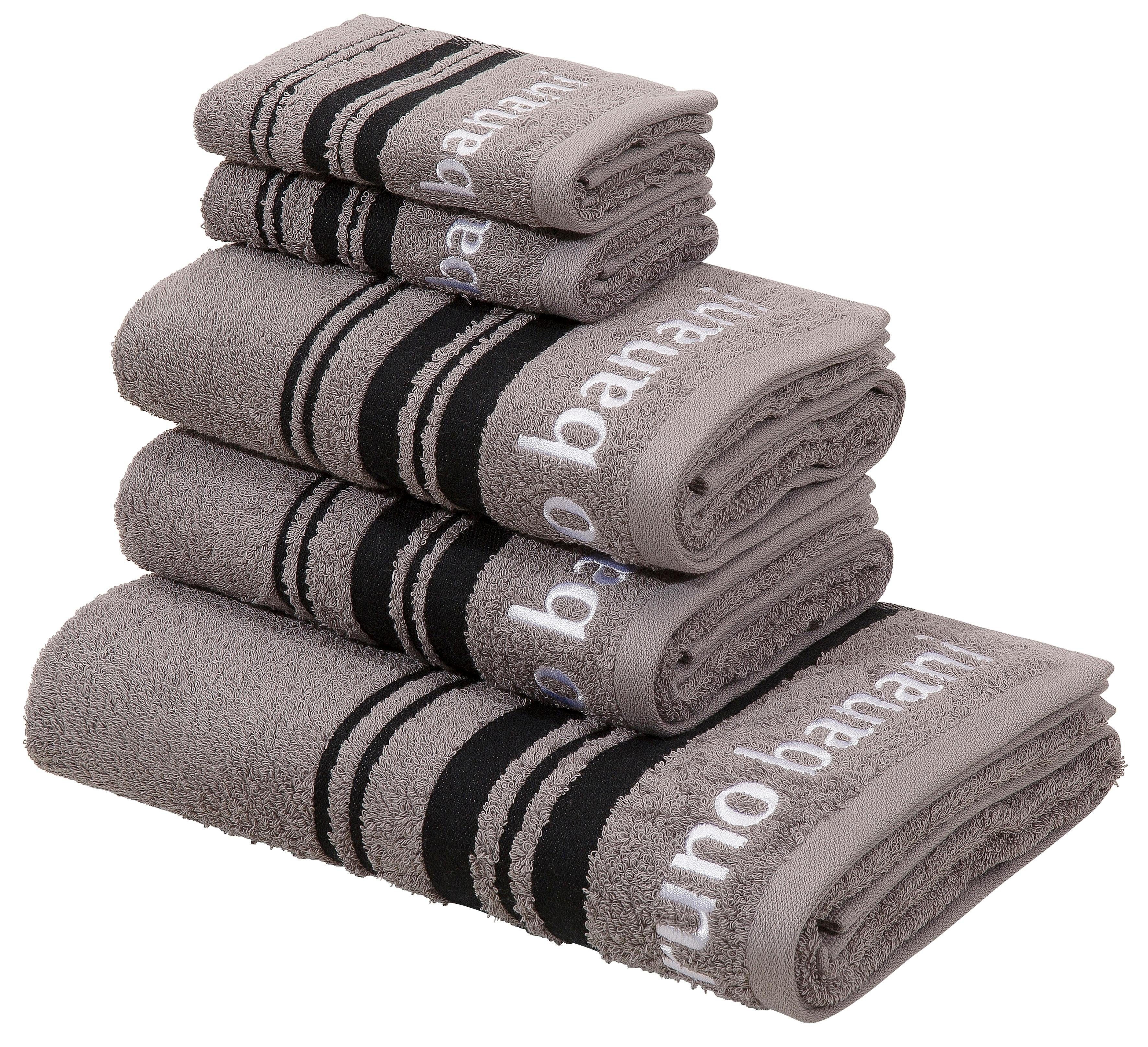 Bruno Banani Handtuch Set Daniel, 1 Duschtuch 70x140, 2 Handtücher 50x100, 2 Gästetücher 30x50, Walkfrottee (Set, 5-St), Streifen-Bordüre & Markenlogo, weich, 100% Baumwolle