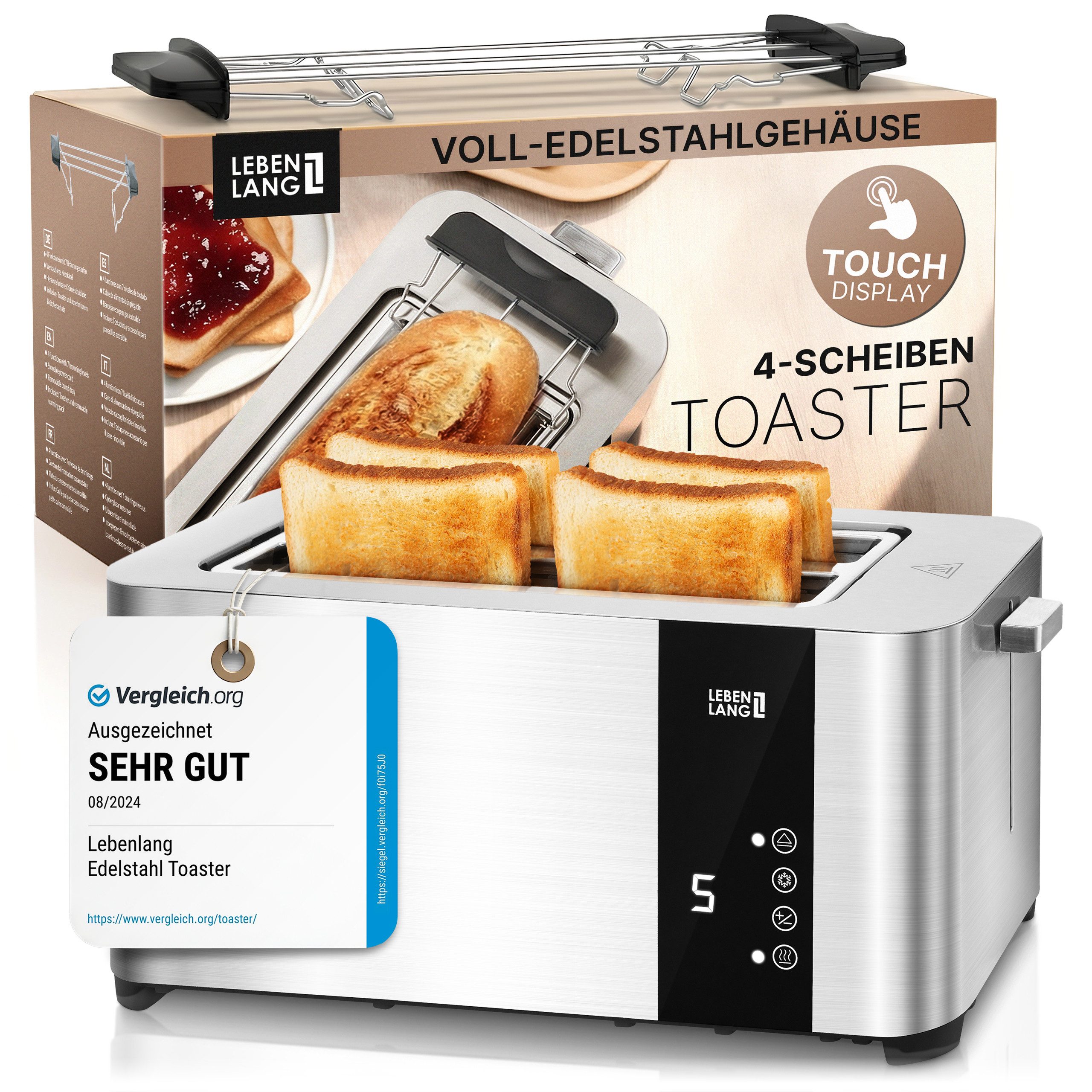 Lebenlang Toaster Premium 4-Scheiben Multifunktionstoaster aus Edelstahl, 4-Scheiben, 1400,00 W, mit Touchscreen-Display, 7 Bräunungsstufen und 4 Funktionen