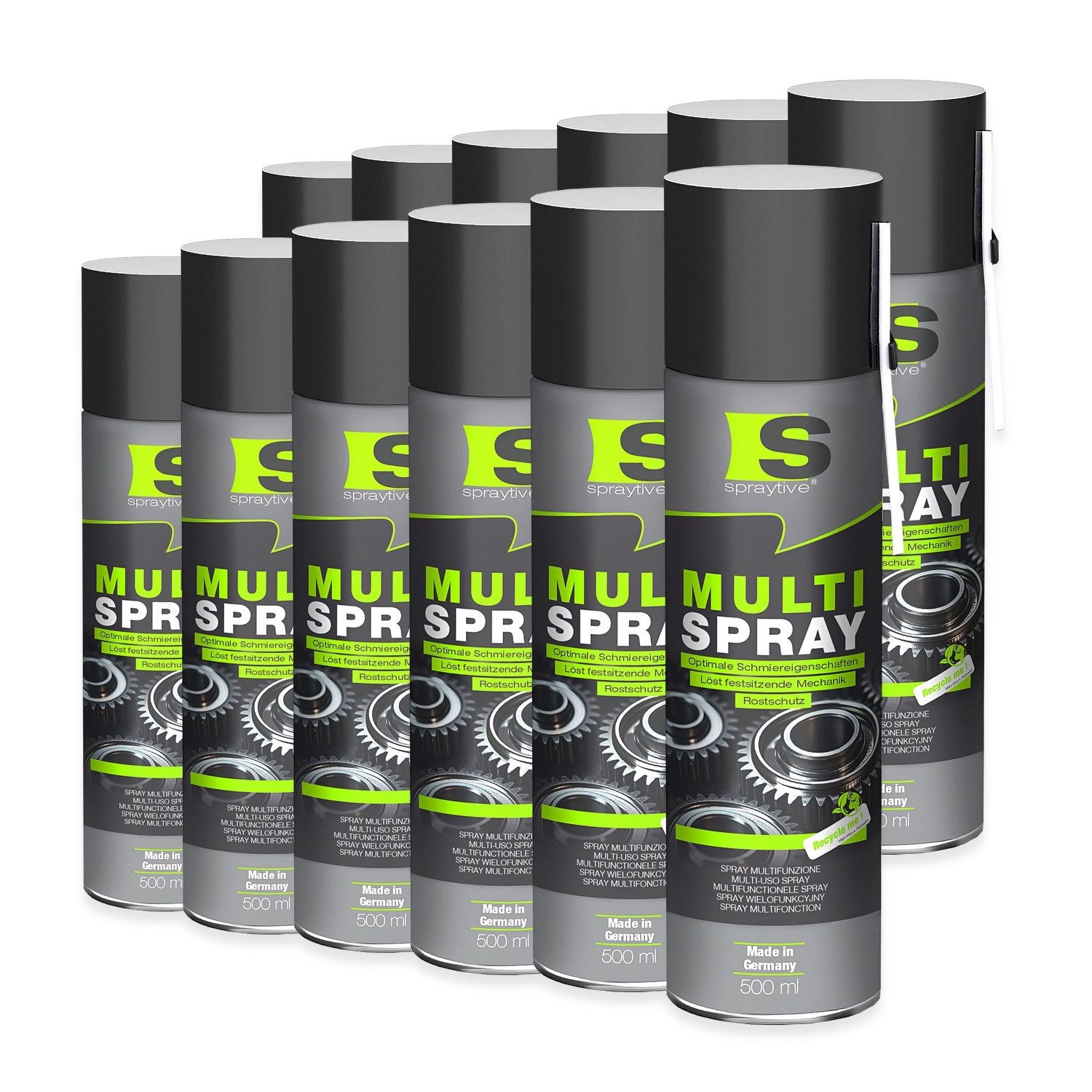Spraytive 12x 500ml Multi-Spray 5-in-1 Kriechöl Rostlöser Allzweck Kontaktspray Gartengeräte-Pflegespray, Made in Germany