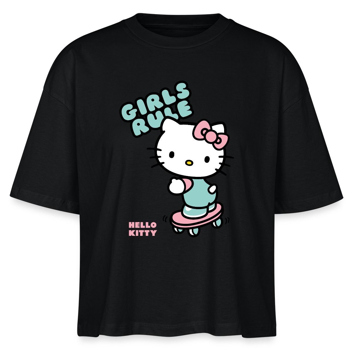 Spreadshirt T-Shirt Hello Kitty Auf Skateboard Girls Rule Boxy Shirt Damen (1-tlg)