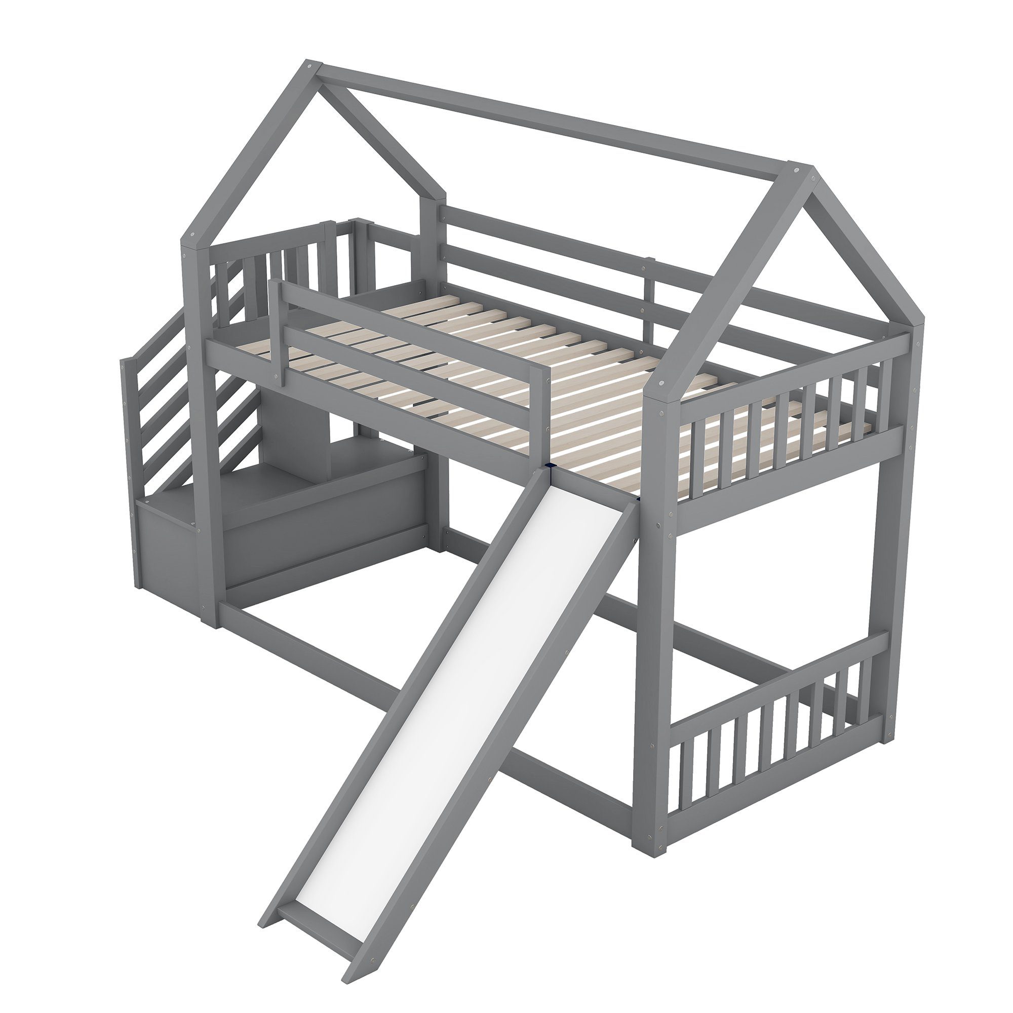 Bett Geländer (mit Hausbett, Etagenbett mit Ohne Rutsche, grau REDOM Stauraumtreppe und Kinderbett Matratze 90x200cm),