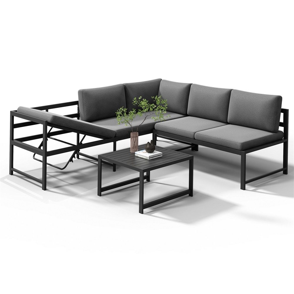 Melko Gartenlounge-Set Ecklounge mit Liegefunktion Aluminium Sitzgruppe wetterfest Grau, (Set, 3-tlg., 2 Sofa, 1 Tisch, 11 Auflagen), Liegefunktion durch verstellbare Rückenlehne