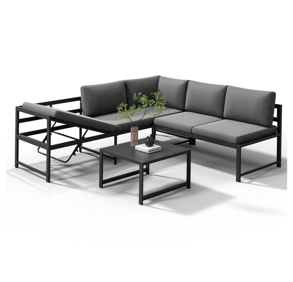Melko Gartenlounge-Set Ecklounge mit Liegefunktion Aluminium Sitzgruppe wetterfest Grau, (Set, 3-tlg., 2 Sofa, 1 Tisch, 11 Auflagen), Liegefunktion durch verstellbare Rückenlehne