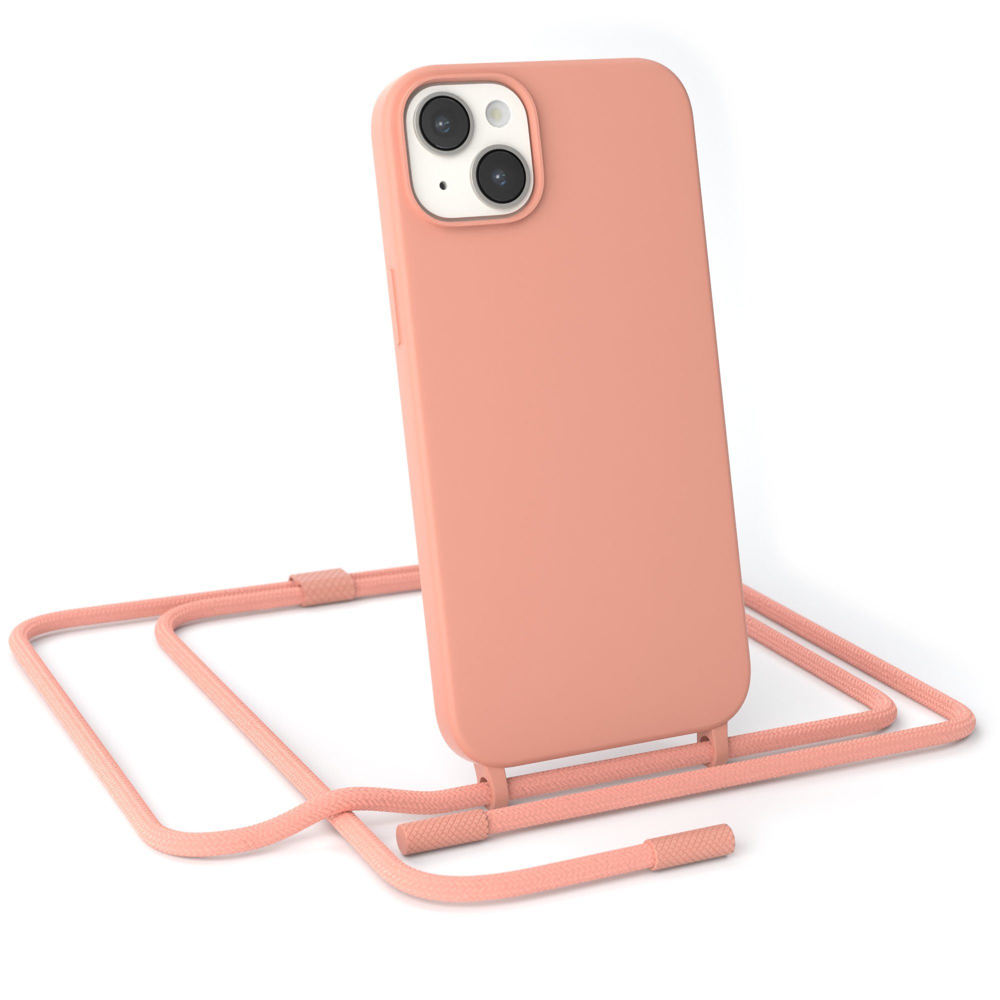 EAZY CASE Handykette Runde Kette für Apple iPhone 14 Plus 6,7 Zoll, Hülle mit Band 2in1 Handyband Etui Case mit Kordel Altrosa Koralle