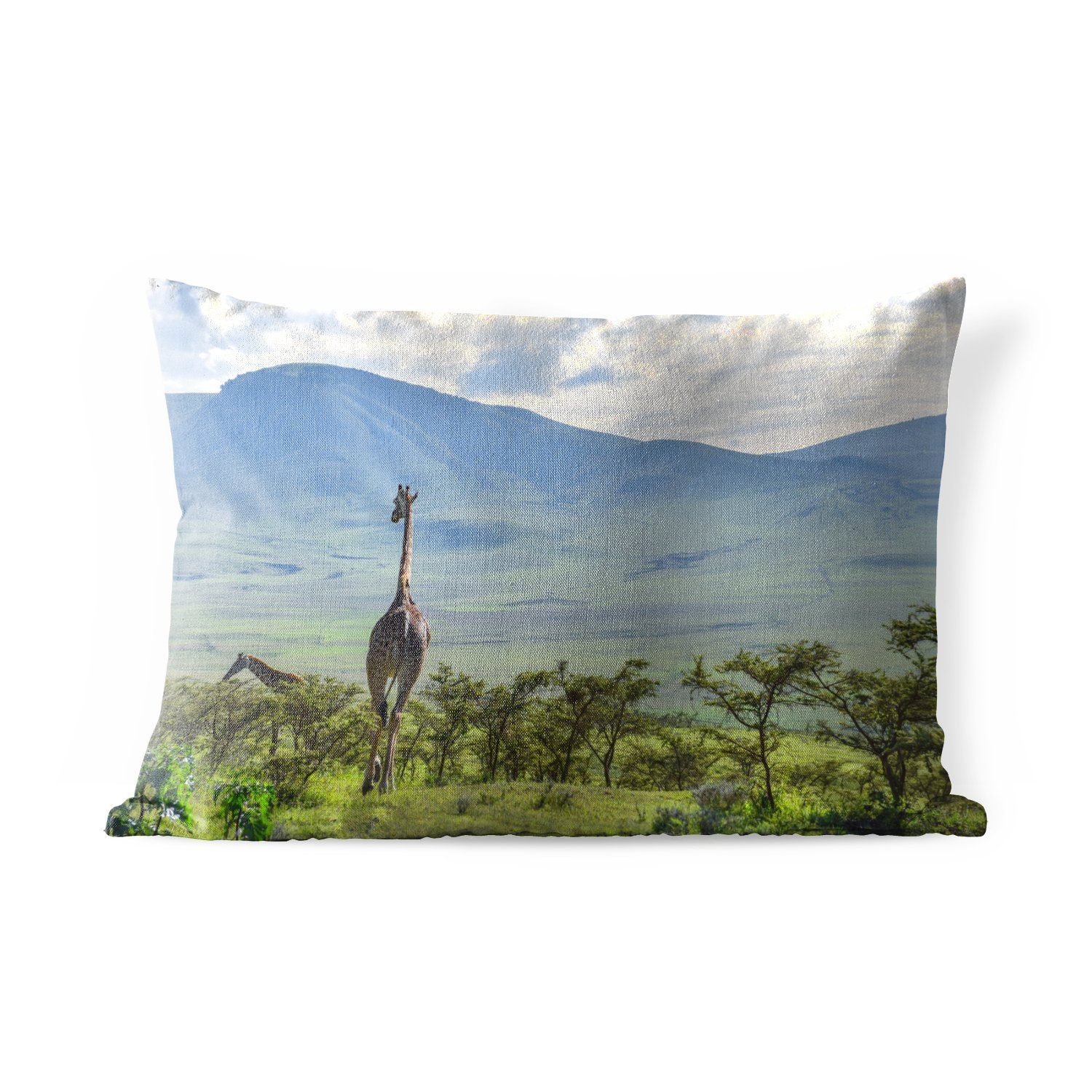 Giraffen Bäumen MuchoWow im Outdoor-Dekorationskissen, Ngorongoro-Krater, Polyester, zwischen Kissenhülle Dekokissen Dekokissenbezug, den