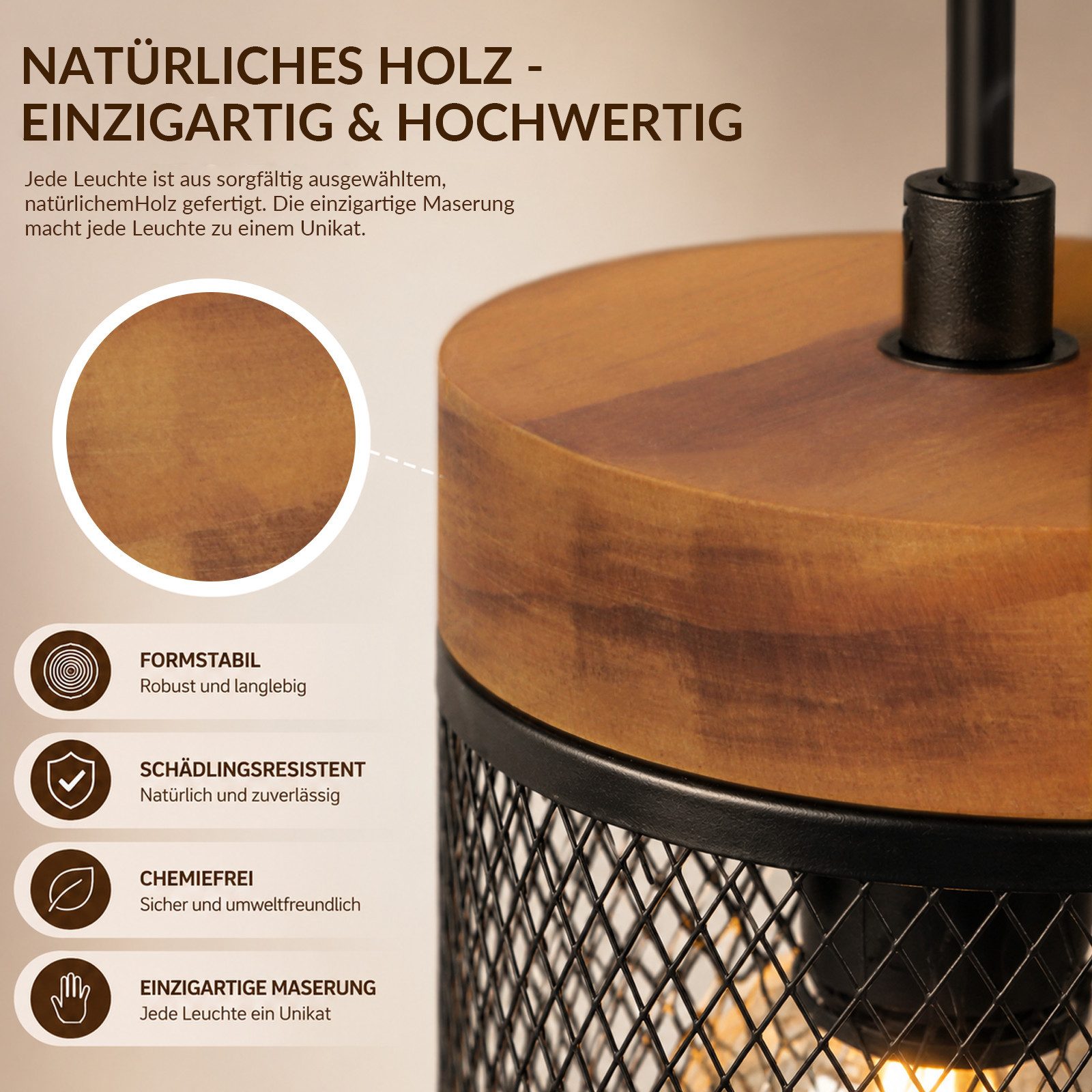 ZMH Pendelleuchte E14 Schwarz Holz Vintage 1/3/4 Flamming Retro Esstischlampe für Küche, ohne Leuchtmittel, Vintage Hängelampe 1 Flammig mit Gitter Lampenschirm