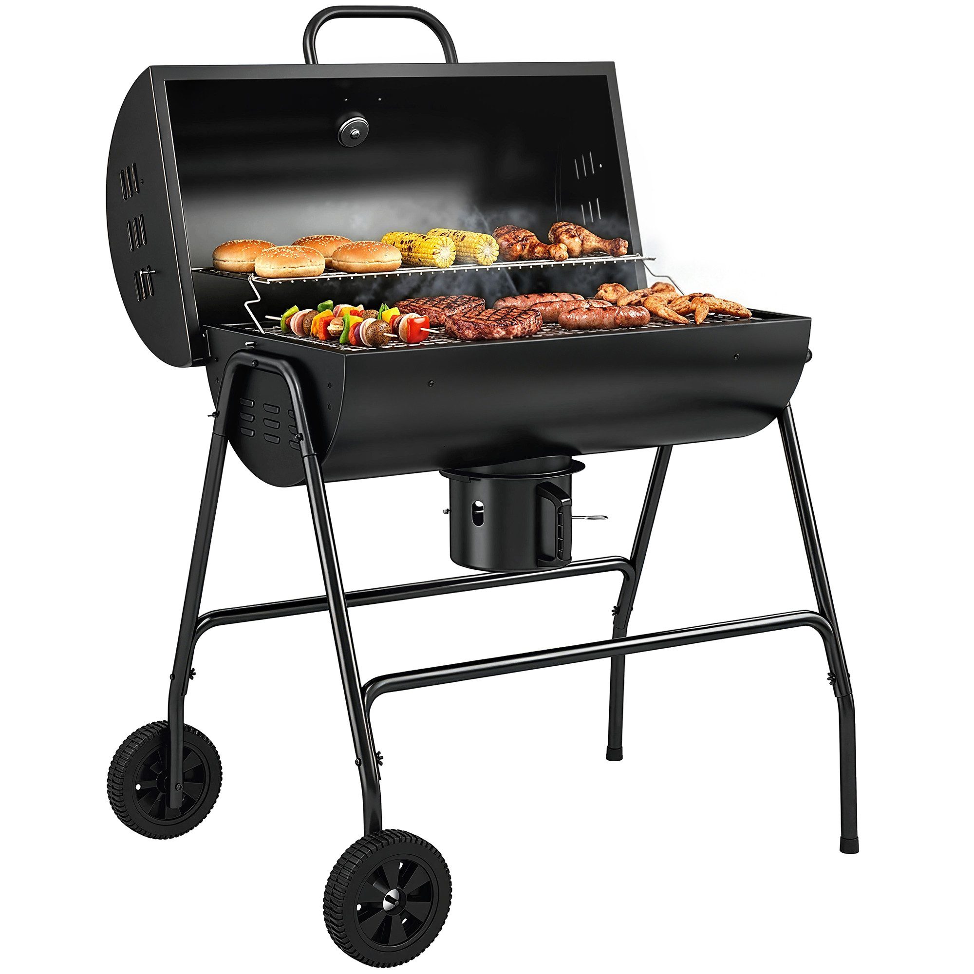 MC Star Holzkohlegrill Holzkohlegrill aus Metall BBQ Smoker, mit Deckel Thermometer Räder Grillwagen 95x71,5x102 cm Schwarz