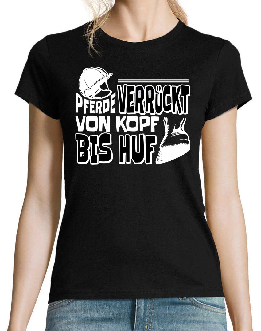 Youth Frontprint "Pferde T-Shirt mit Schwarz Verrückt Designz Huf" T-Shirt Damen Kopf modischem Von Bis