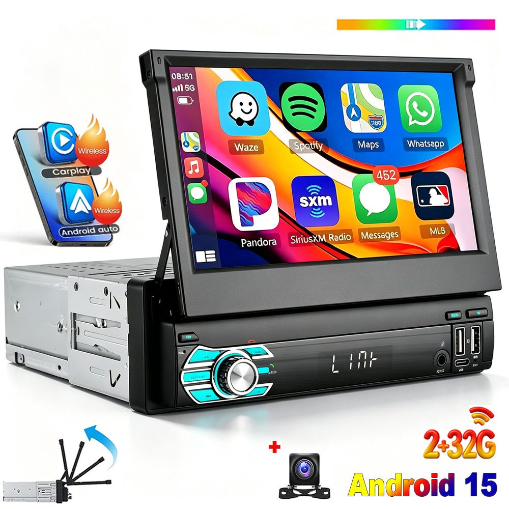 ESSGOO DAB+ 4+64G 1 DIN 7 Zoll Flip Out Android 15 Carplay Autoradio GPS WIFI Navigationsgerät (Apple Carplay Android Auto GPS Navi WIFI BT EQ)