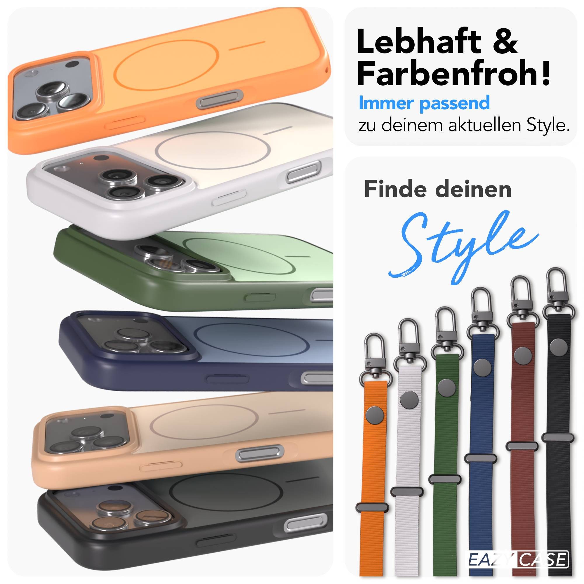 EAZY CASE Handykette Outdoor Case Thin MagSafe mit Band für Apple iPhone 17 Pro 6,3 Zoll, Hülle mit Slim MagSafe Ring und flexibler Crossbody Kette Blau