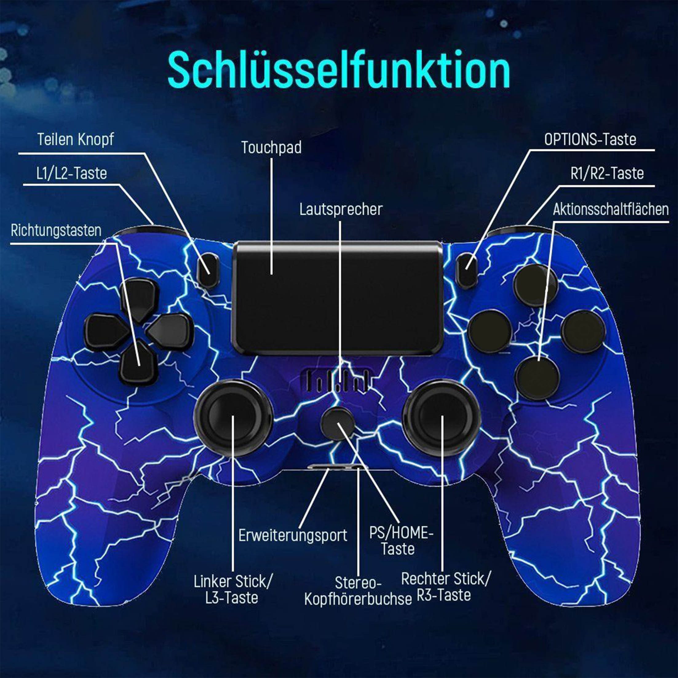 KINSI Wireless Gamepad, Controller, Bluetooth, für PS4 PlayStation 4-Controller (Doppelte Vibration, wiederaufladbare Batterie)