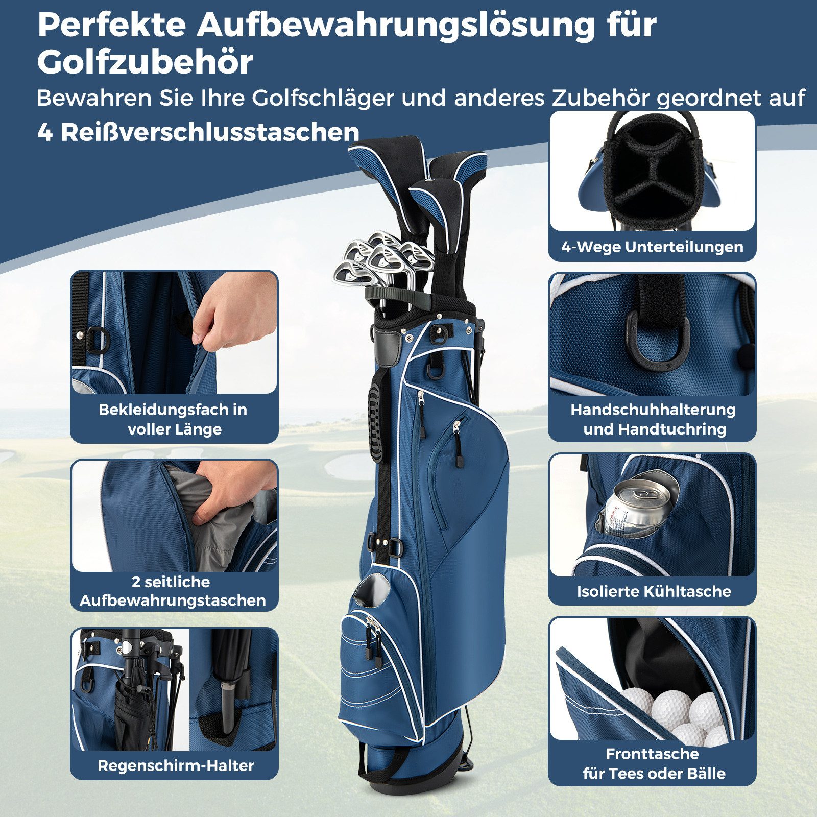 COSTWAY Golftrolley + Golfbag Golfbag, für Max. 4 Schläger, mit Ständer