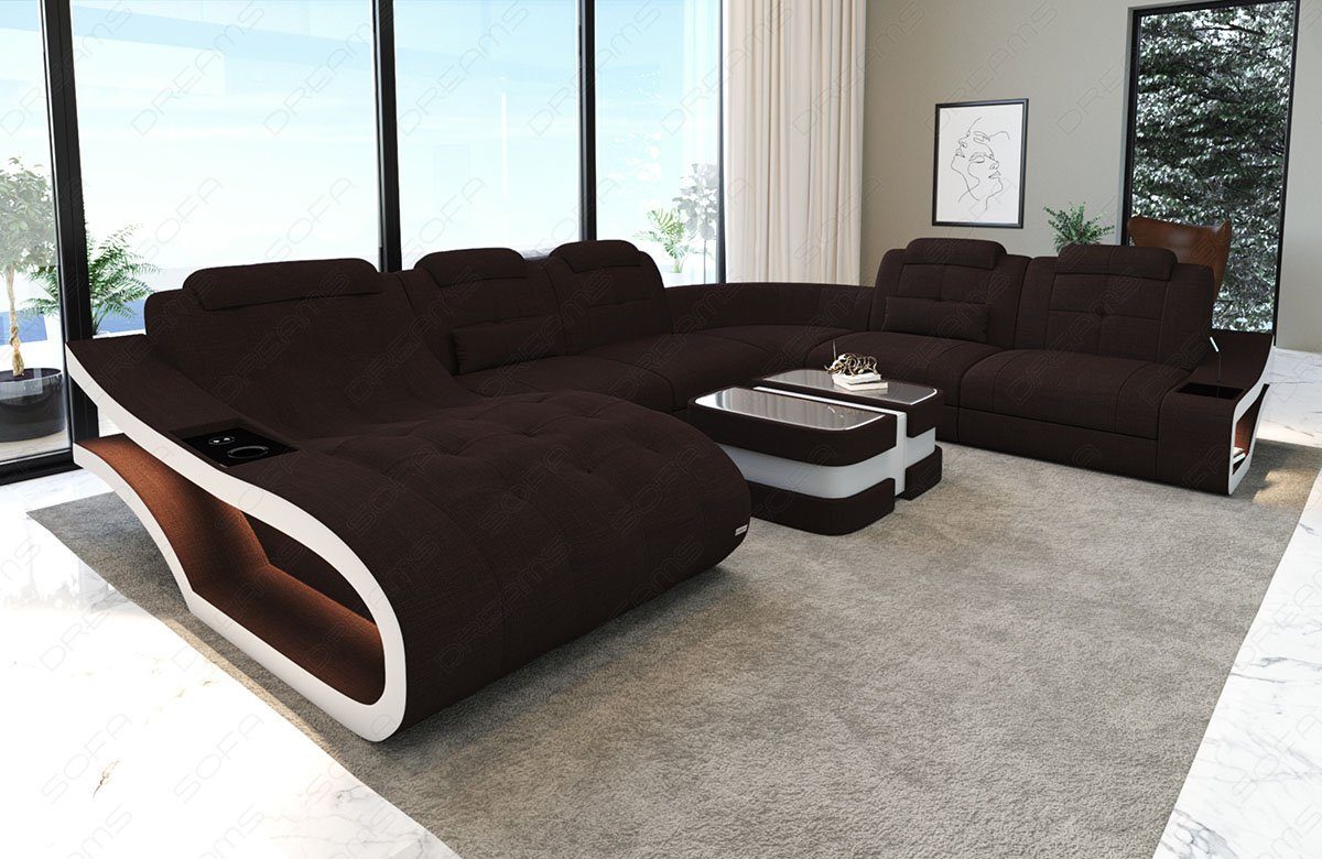 Sofa Elegante XXL wahlweise Wohnlandschaft Form Sofa, Dreams H mit Bettfunktion Stoffsofa Polster Stoff graubraun-weiß Couch