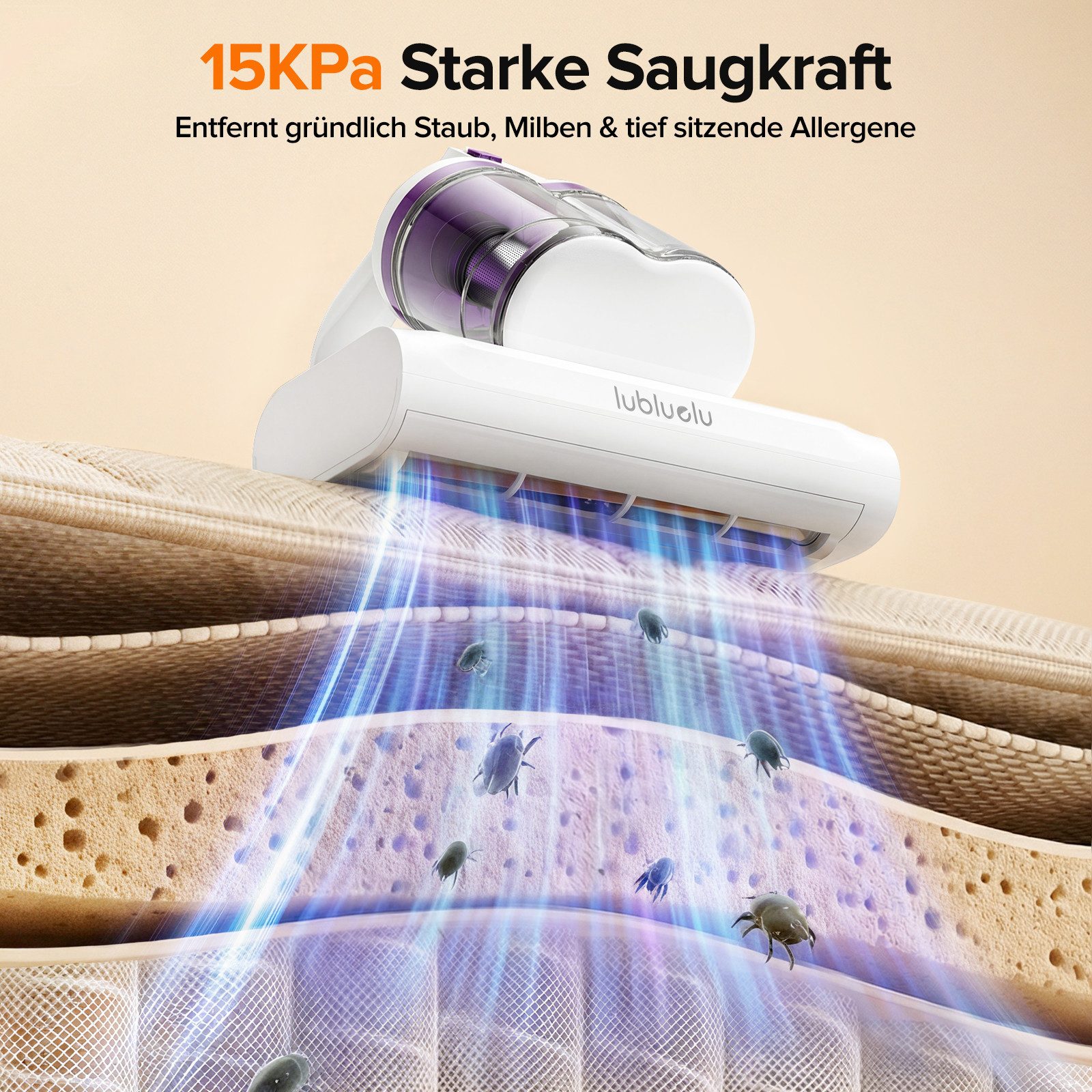 lubluelu Matratzenreinigungsgerät Milbenstaubsauger mit UV-C-Licht Milben-Handstaubsauger, 350 W, beutellos, 15KPA,Ultraschall,55°C Heißluft,doppelter Zyklon