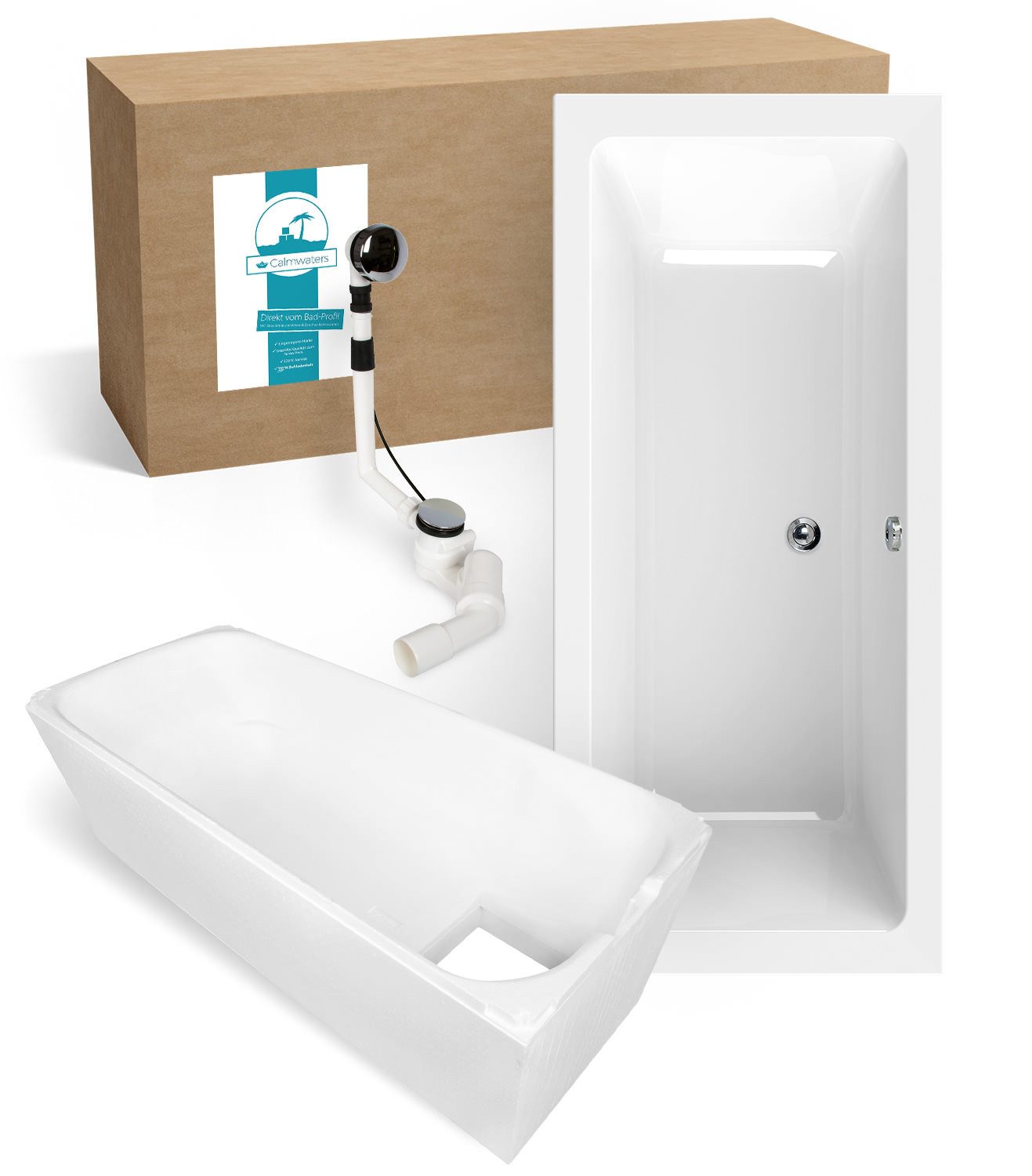 Calmwaters Badewanne Modern Select, (3-tlg), Weiß, 180 x 80 cm, Acryl, Wannenträger und Ablaufgarnitur, 99000158