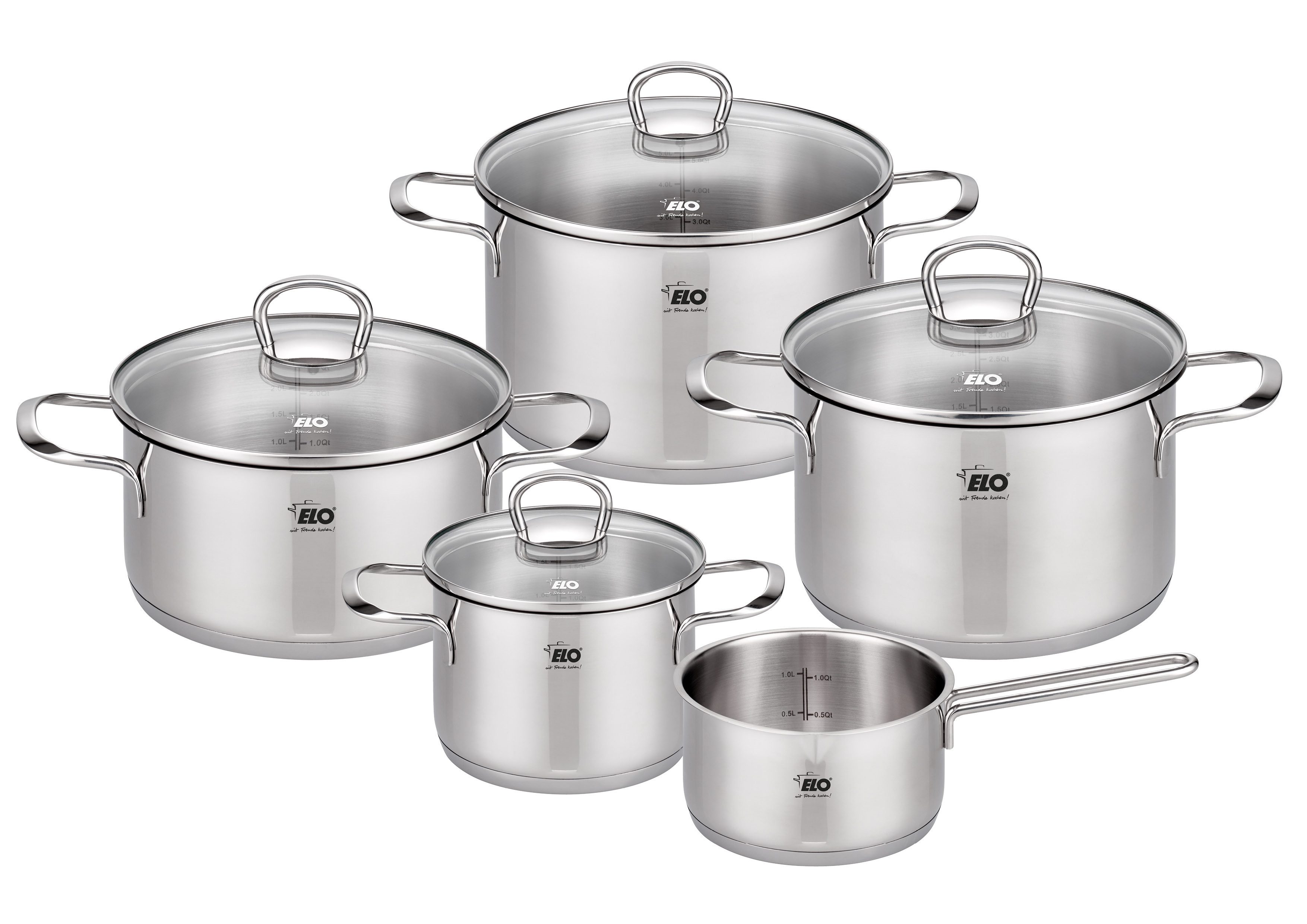 Elo Topf-Set Jaspis, Edelstahl 18/8 (Set, 8-tlg., Bratentopf Ø 16/20cm, Fleischtopf Ø 24cm, Kasserolle Ø 16cm, Milchtopf), Induktion