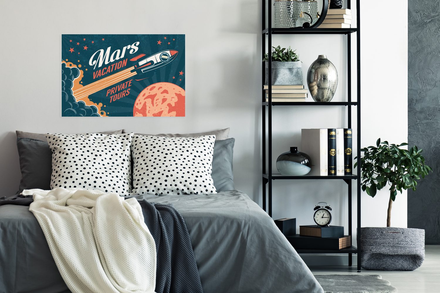 Rakete Mars-Urlaub - Vintage Wandposter MuchoWow Rahmen - Poster, Poster private Ohne St), Urlaub Touren für Wohnzimmer, (1 Raumfahrt, - - Wandbild,