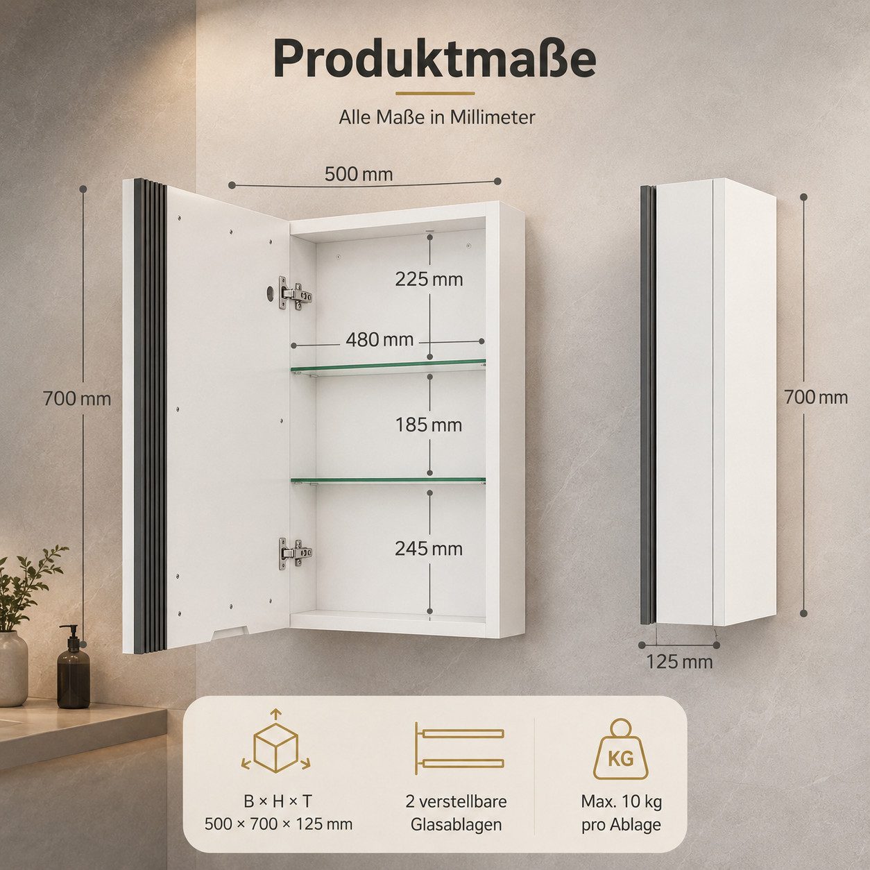 Simurq Spiegelschrank Badezimmerspiegelschrank mit 3-Farben LED Licht & Memory-Funktion (1x Spiegelschrank, alle Montageteile, bebilderte Montageanleitung)