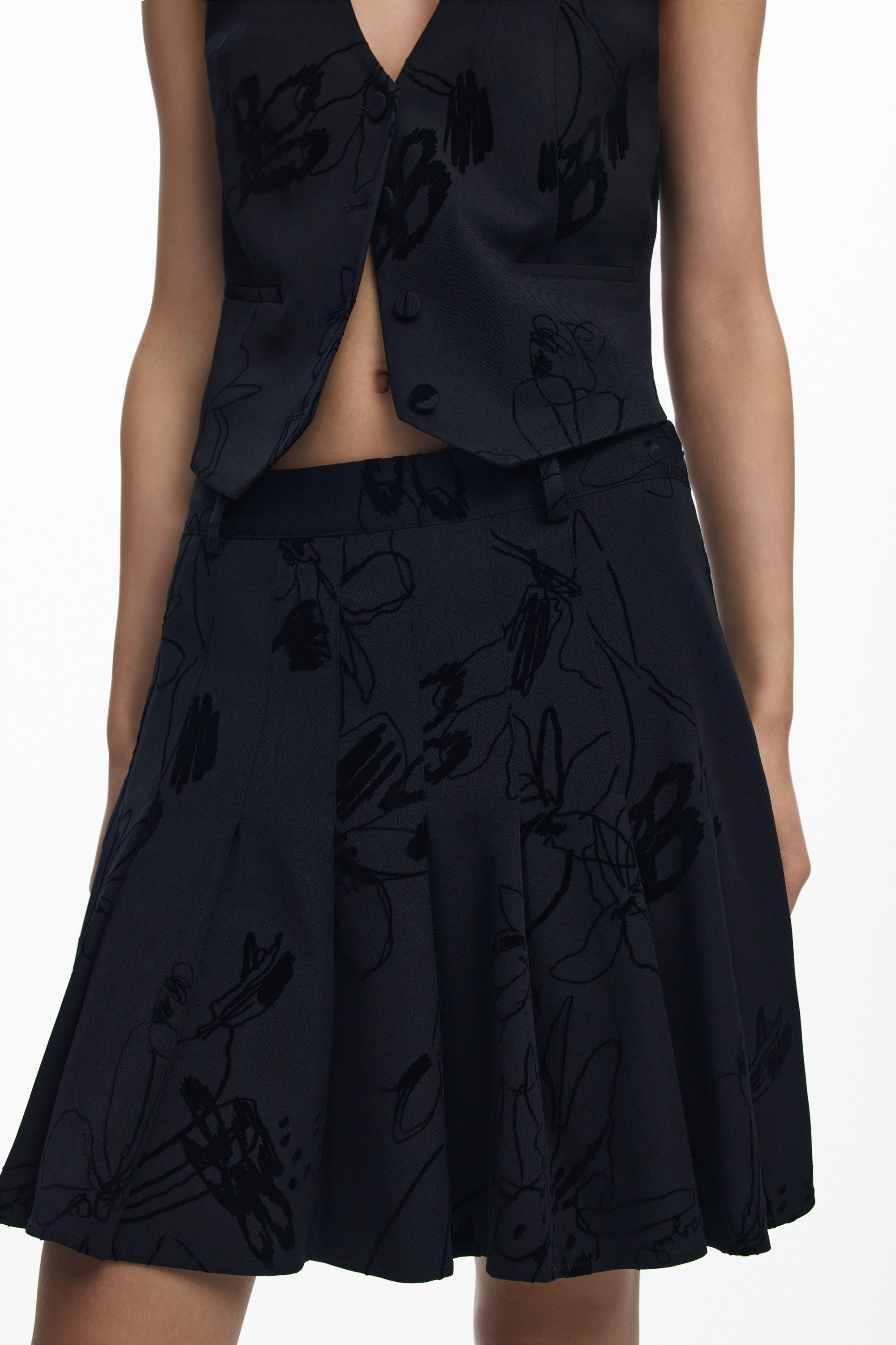 Desigual Jerseyrock Eleganter Schwarzer Damenrock mit Flock und Kontrastdetails