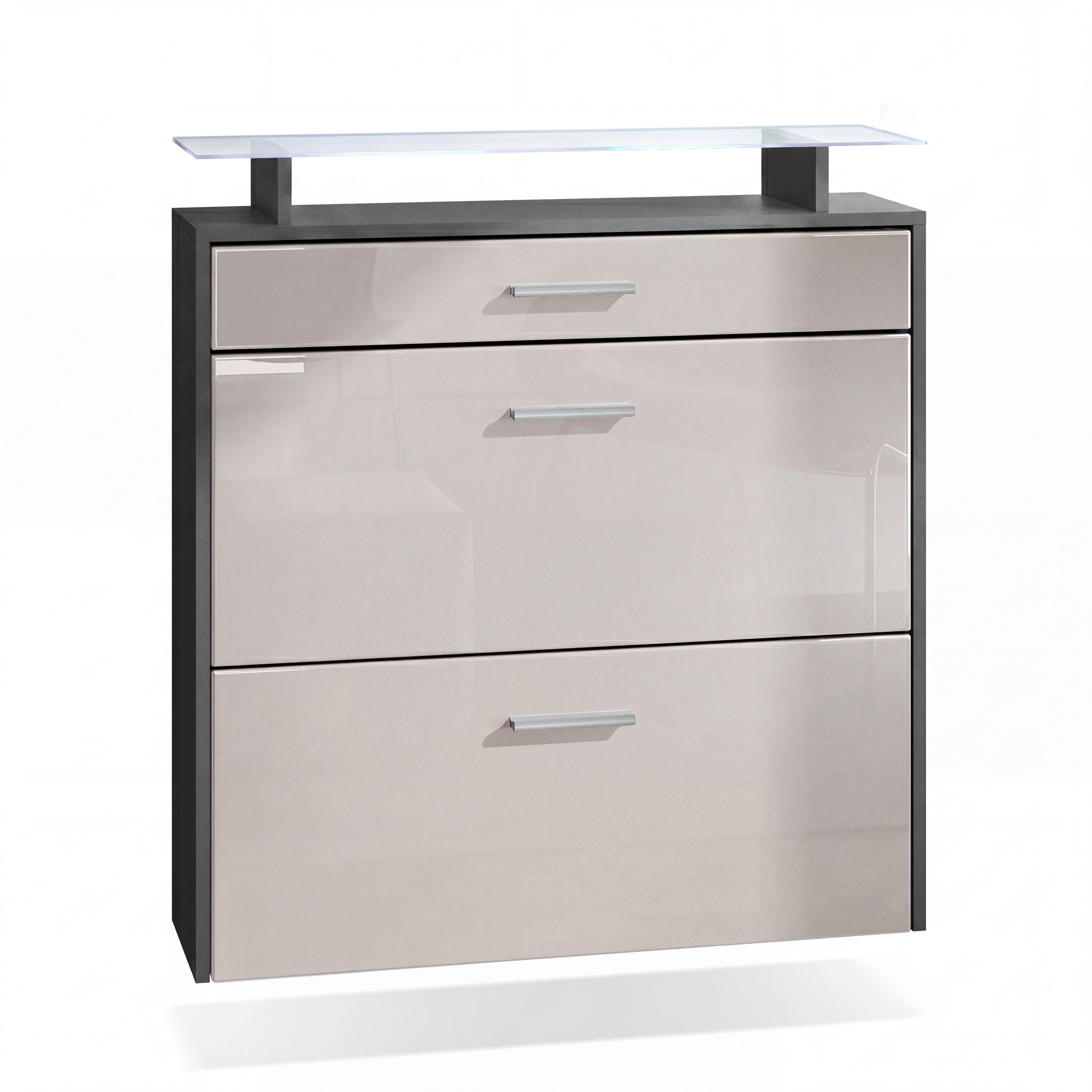 Vladon Schuhschrank Malea (hängender Schuhkipper für 16 Paar Schuhe, mit 2 Klappen und 1 Schublade und Glasablage) Anthrazit Matt/Sandgrau glänzend, mit Beleuchtung weiß (89x96x23 cm)