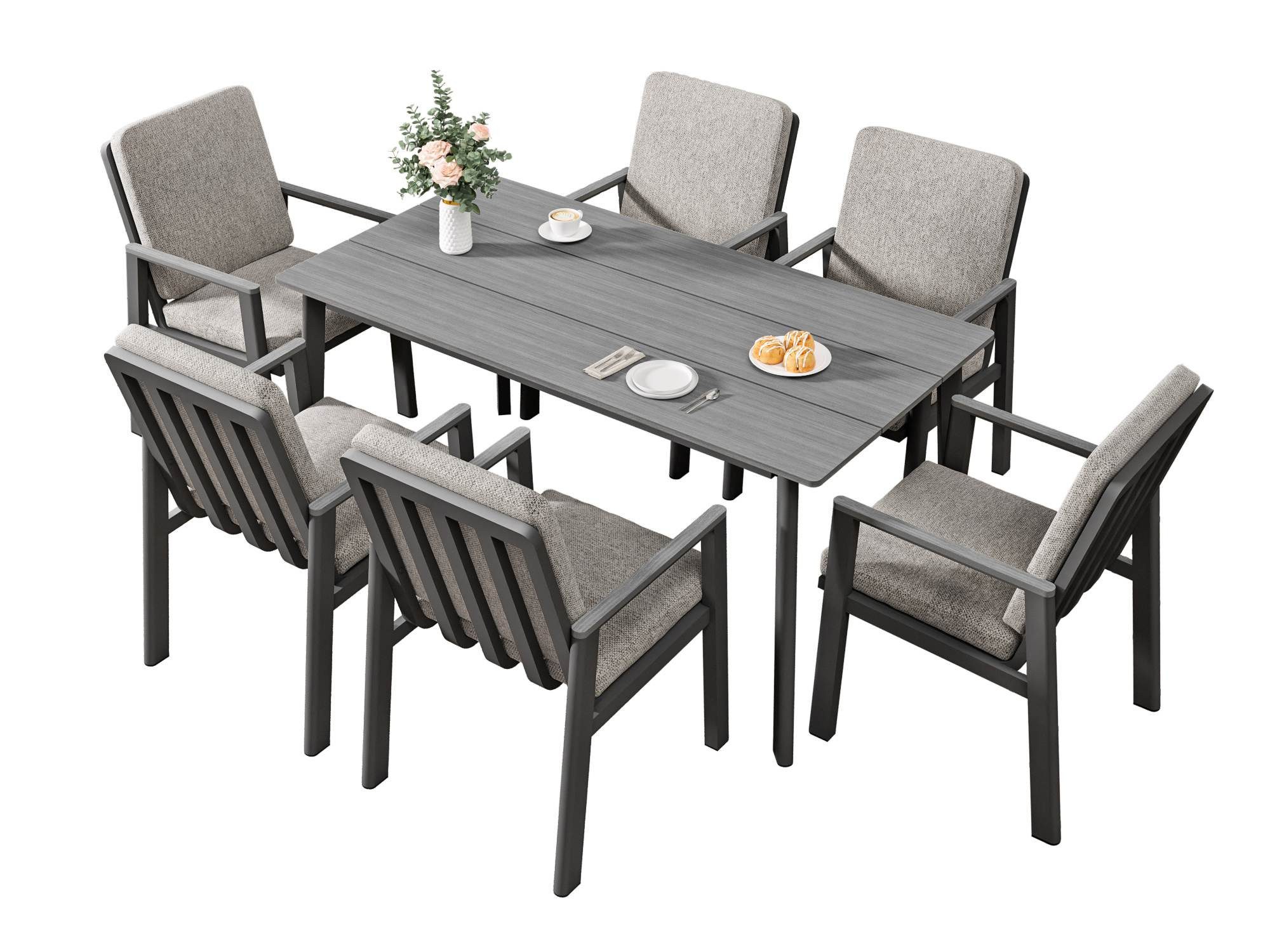 MeXo Gartenlounge-Set Garten Essgruppe für 6 Personen, (Gartenmöbel-Set aus Aluminium, 7-tlg., mit ergonomischen Sesseln inkl. Kissen), Belastbarkeit pro Sitzplatz 140 kg