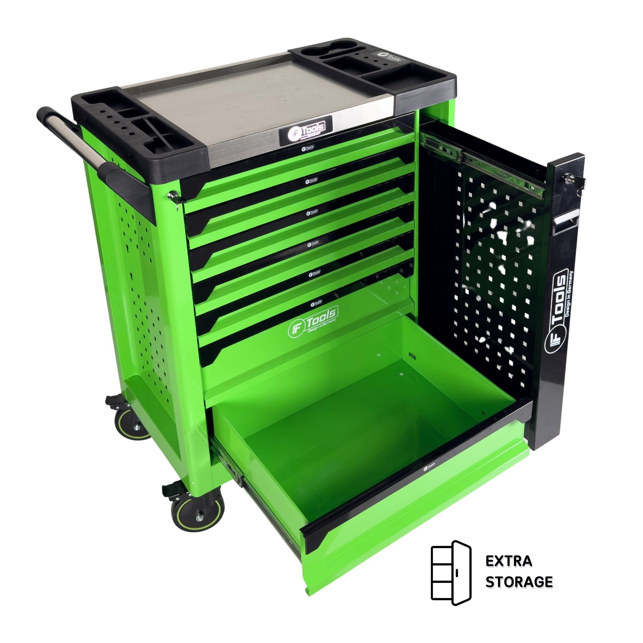 Toolcar Werkzeugwagen Werkstattwagen befüllt & bestückt mit Werkzeug, Ratschen/Stecknüsse, abschließbar, kugelgelagerte Rollen, Chrom-Vanadium-Stahl, stabil, max. Traglast:35 kg, 240-tlg. Werkzeugset, (Steck-/Ringschlüssel, Ratschen, Torx, Schraubendreher, Zangen, 240-tlg., EVA-/Schaum-Einlagen, logisch sortiert, schneller Zugriff), Arbeitsplatte, Einzelauszug, Kantenschutz, Pegboard-Seiten